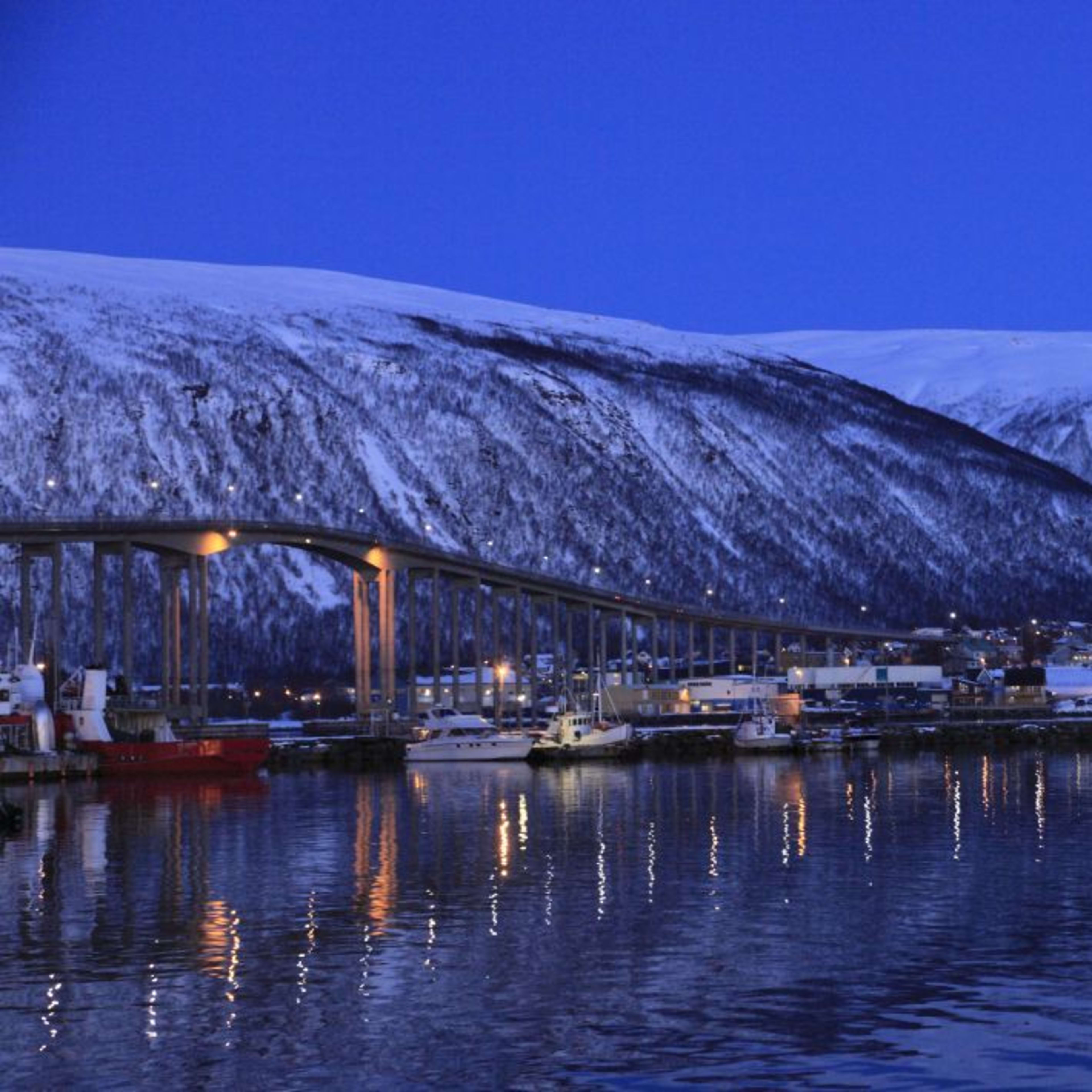 Panoramautsikt over Tromsø havn om vinteren med båter, snødekte fjell, Arktisk Katedral og reflekterte bylys.