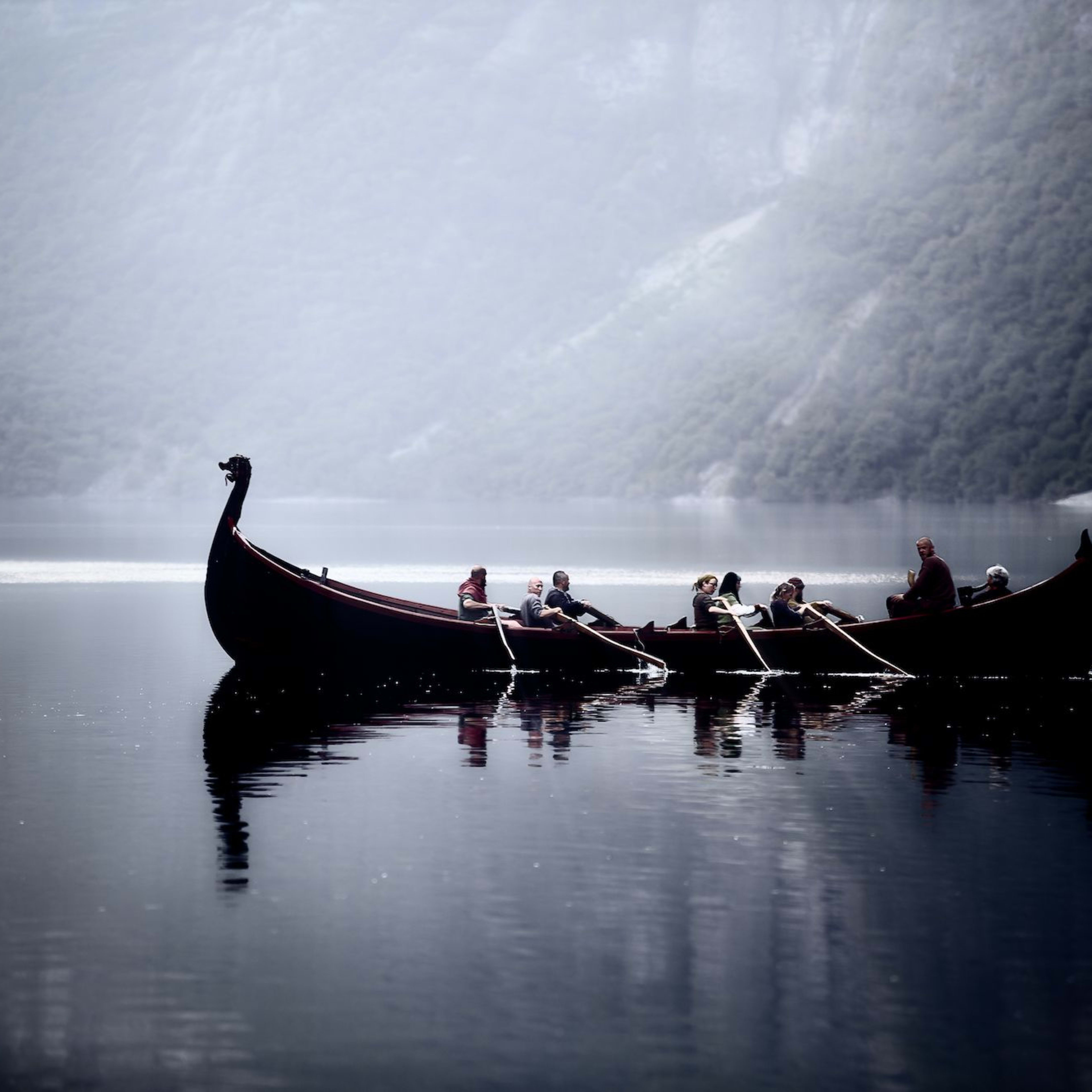 Leute rudern Wikingerboot über stillen Fjord.