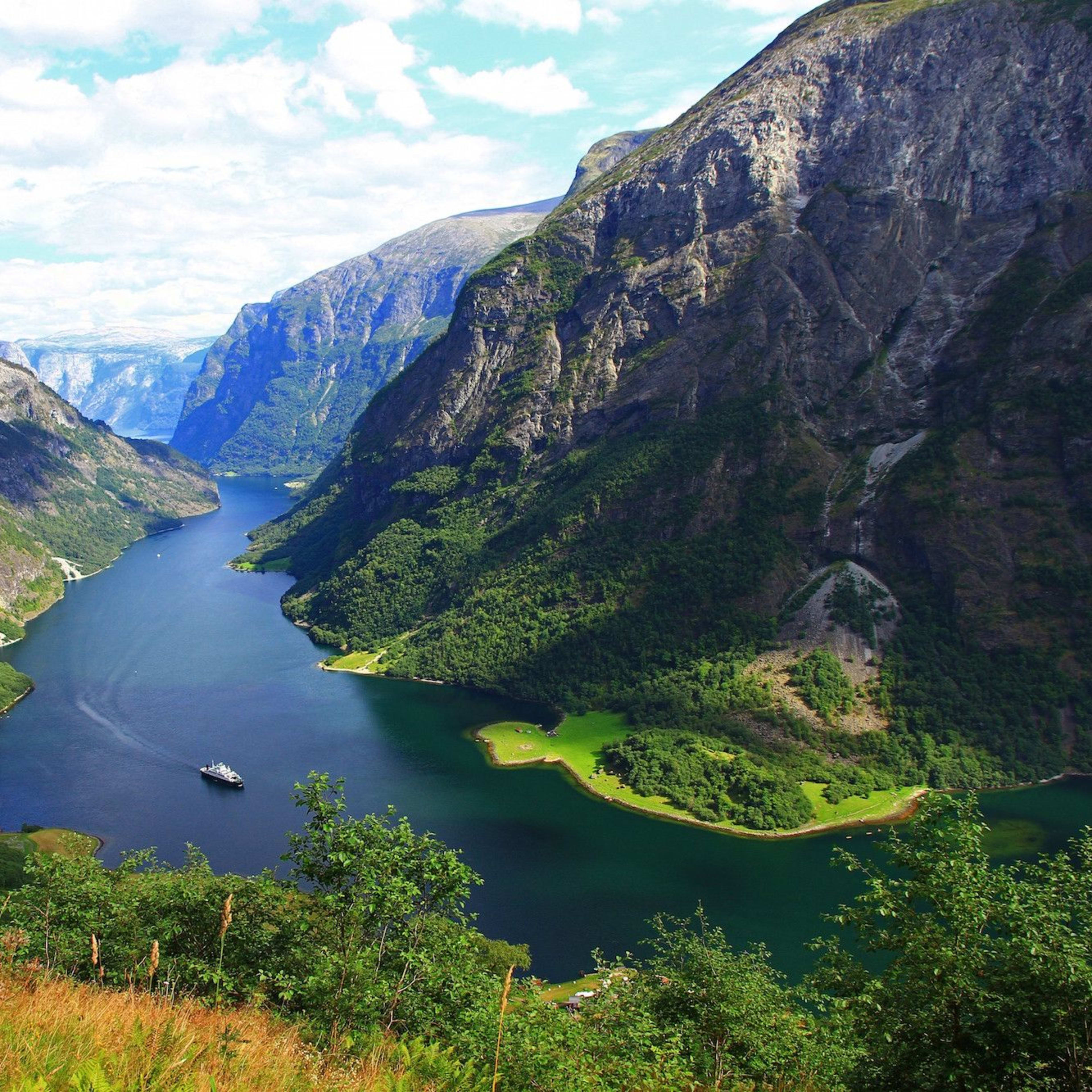 Panoramablick auf blauen Fjord, der sich durch felsige Berge windet, üppiges Grün, kleines Kreuzfahrtschiff und grüne Wiesen am Ufer.