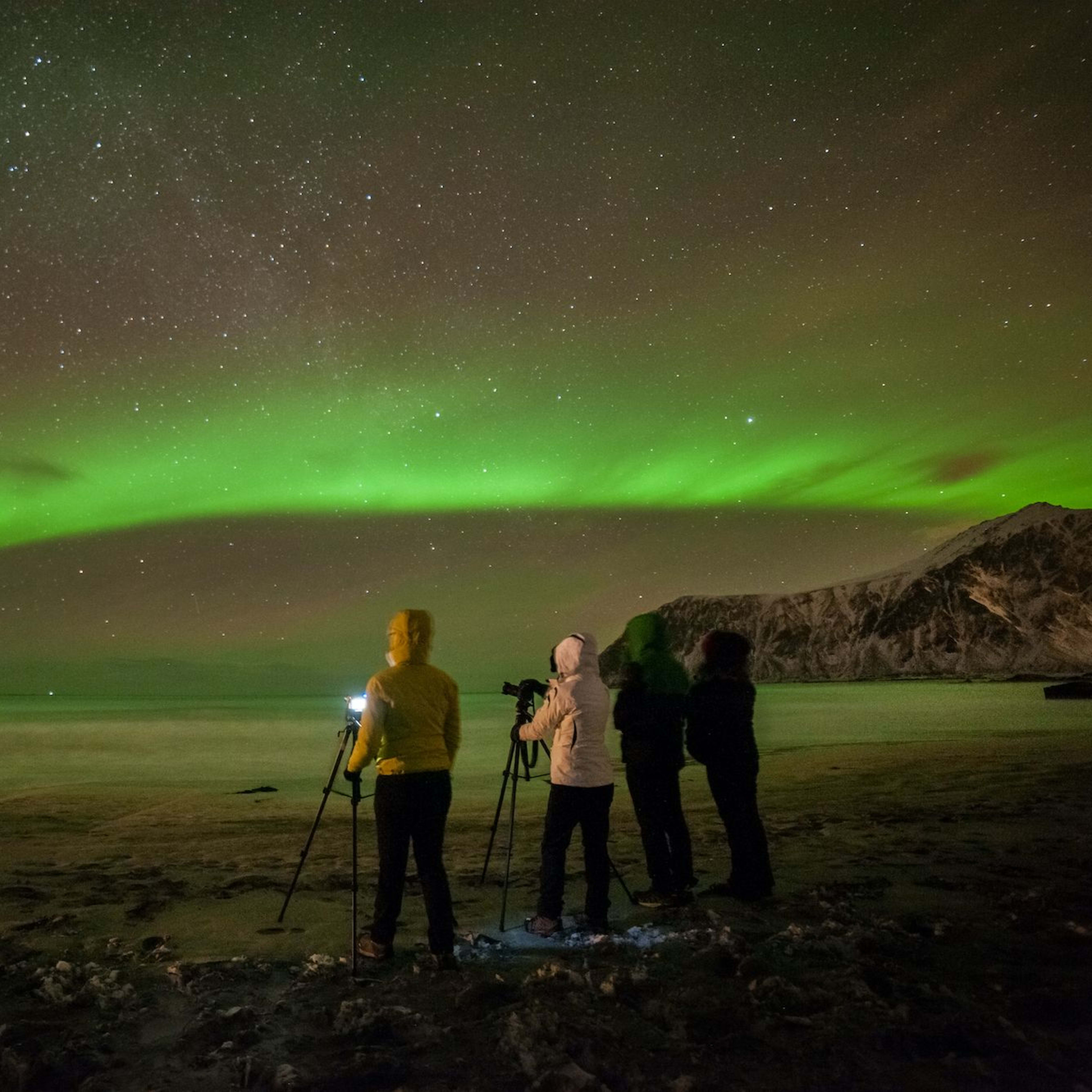 Folk tar bilder av nordlys på snødekt strand om natten.