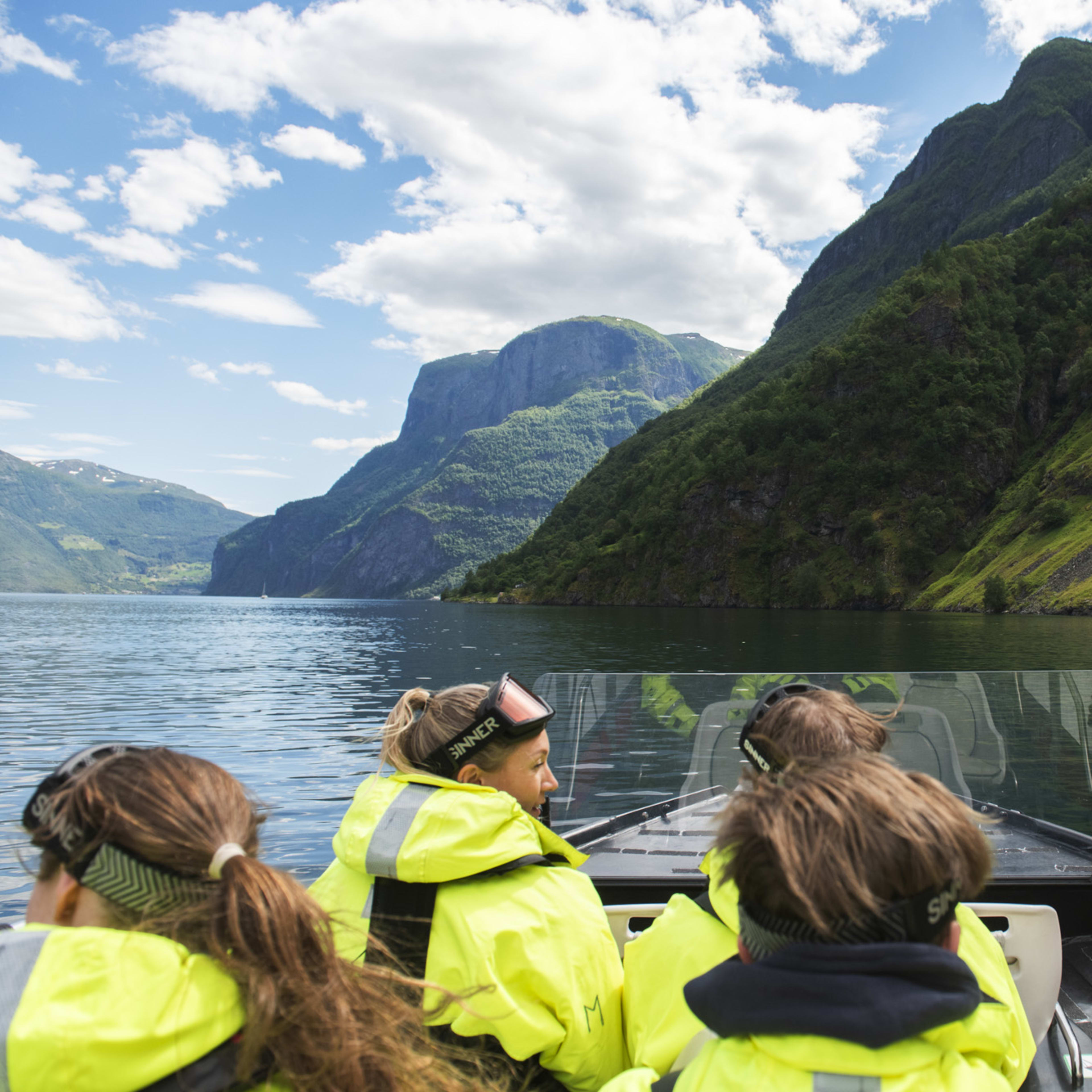 Fjord safari boat tour to Sagofossen waterfall in Flåm with UNESCO fjord landscape