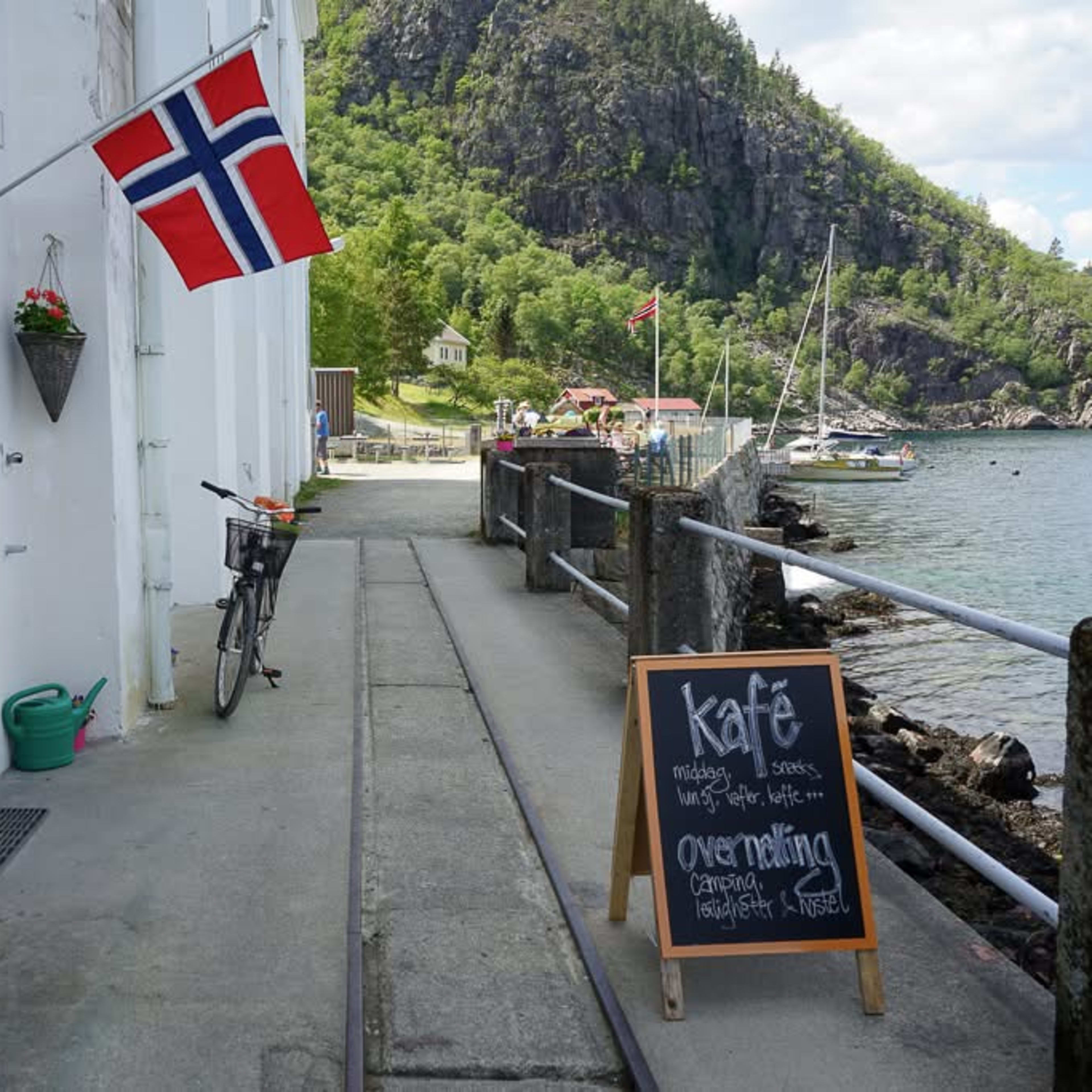 Charming quayside café at the Flørli hike starting point on the RIB boat and hike from Stavange