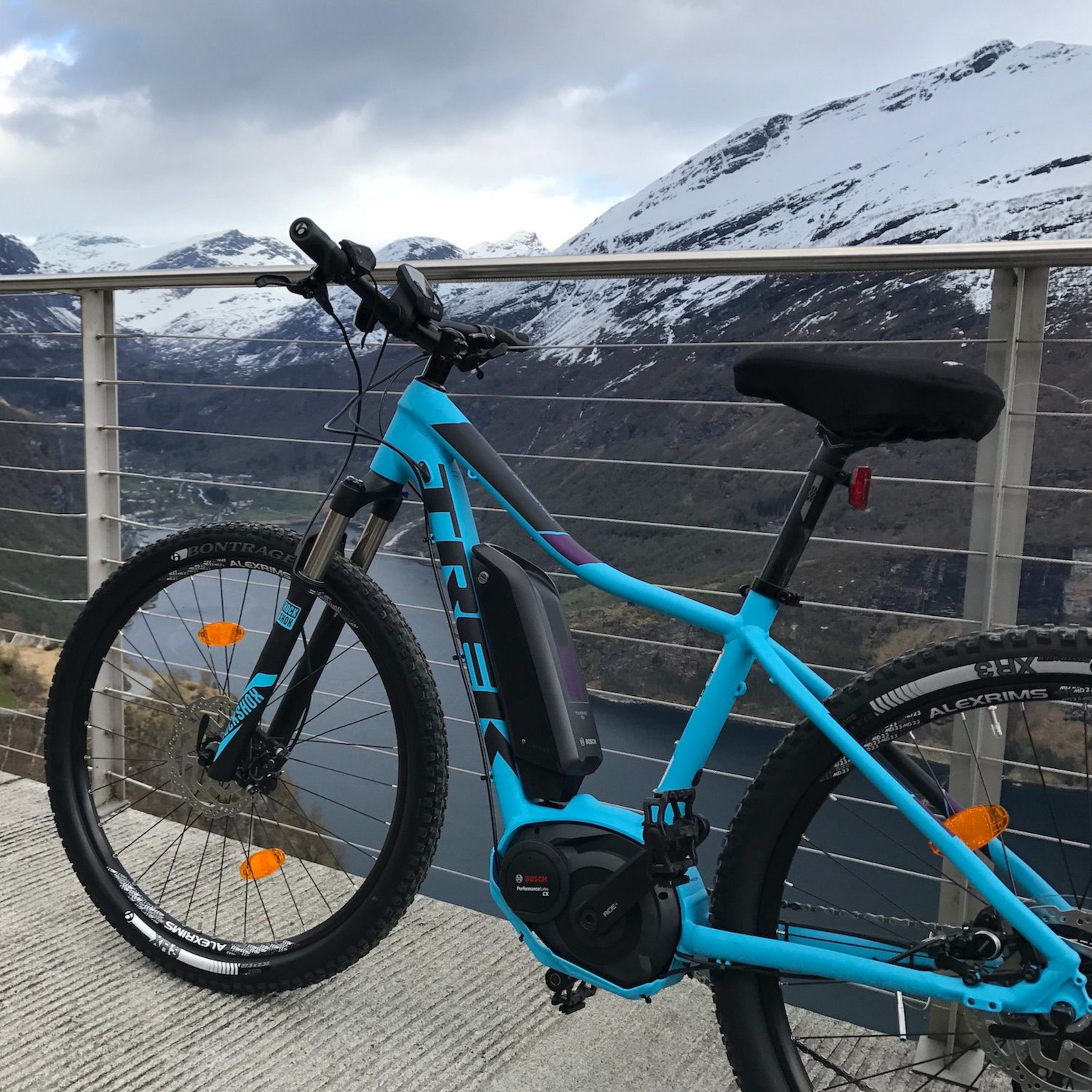 Blaues E-Bike auf Aussichtspunkt mit Fjord und Schneegipfeln.
