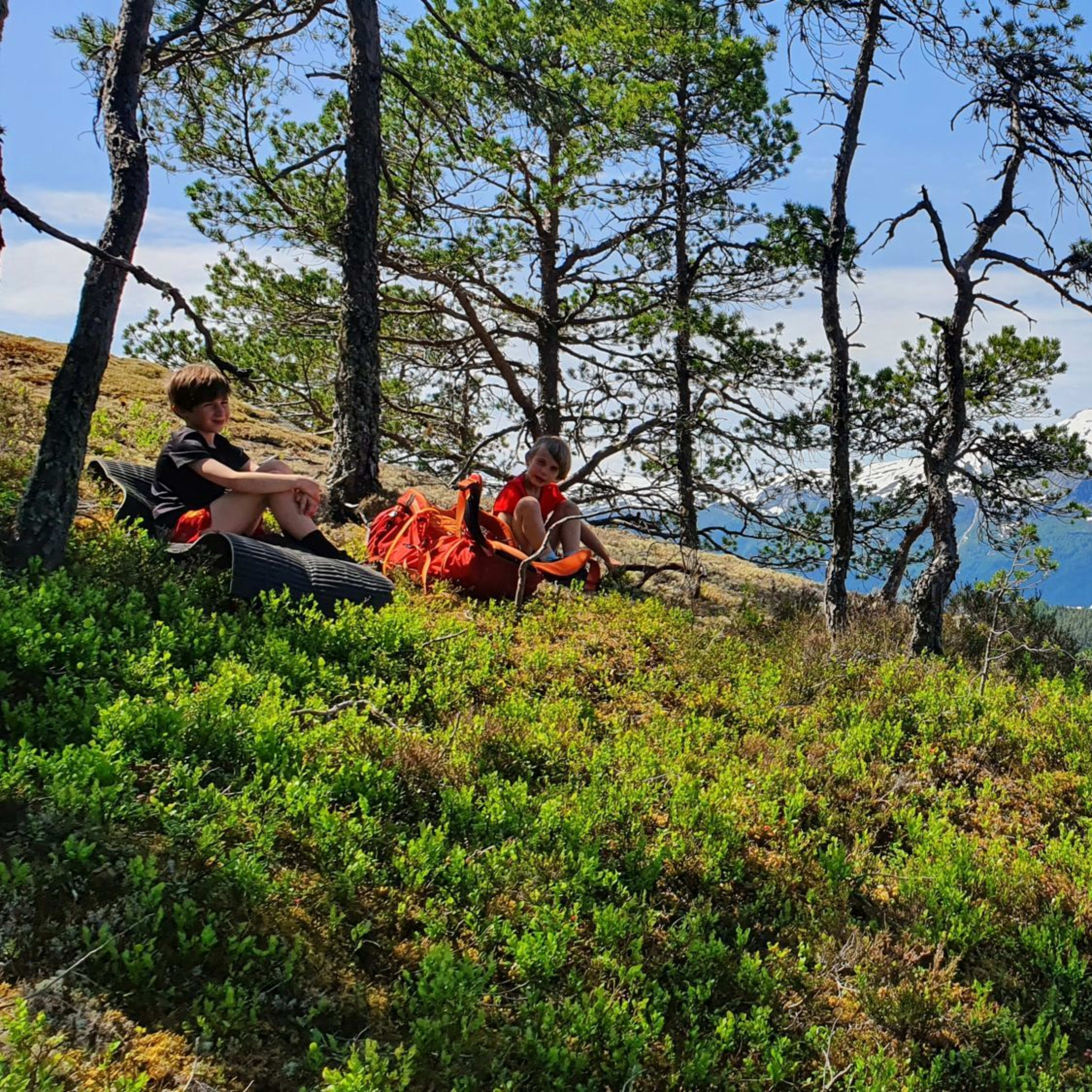 Unge turgåere som hviler på en gresskledd skråning, sitter på turmattene sine ved siden av ryggsekkene, med snøkledde fjell i bakgrunnen.