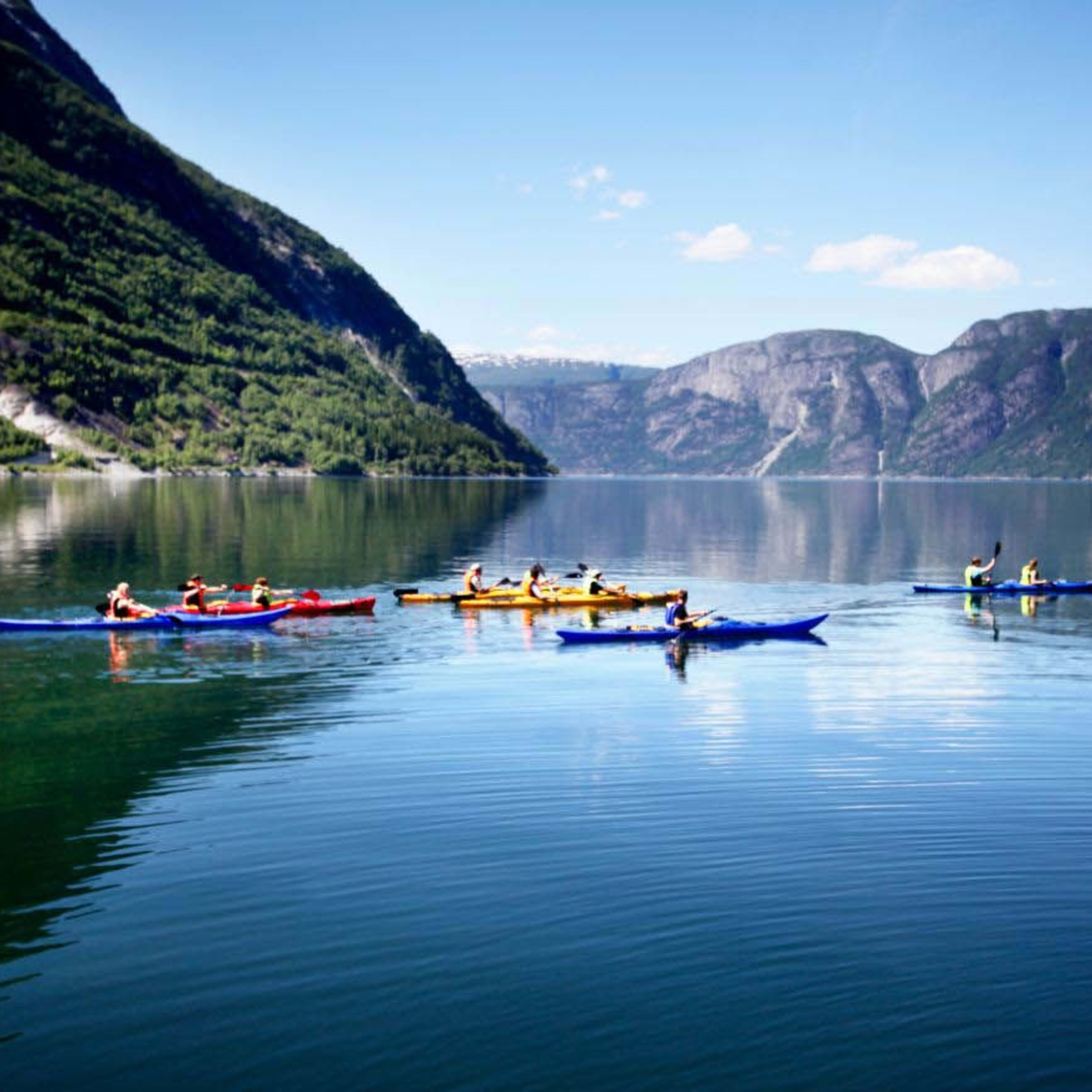 Eine Gruppe bunter Kajaks paddelt über einen ruhigen, spiegelnden Fjord mit Reflexionen grüner und felsiger Berge unter einem sonnigen Himmel.