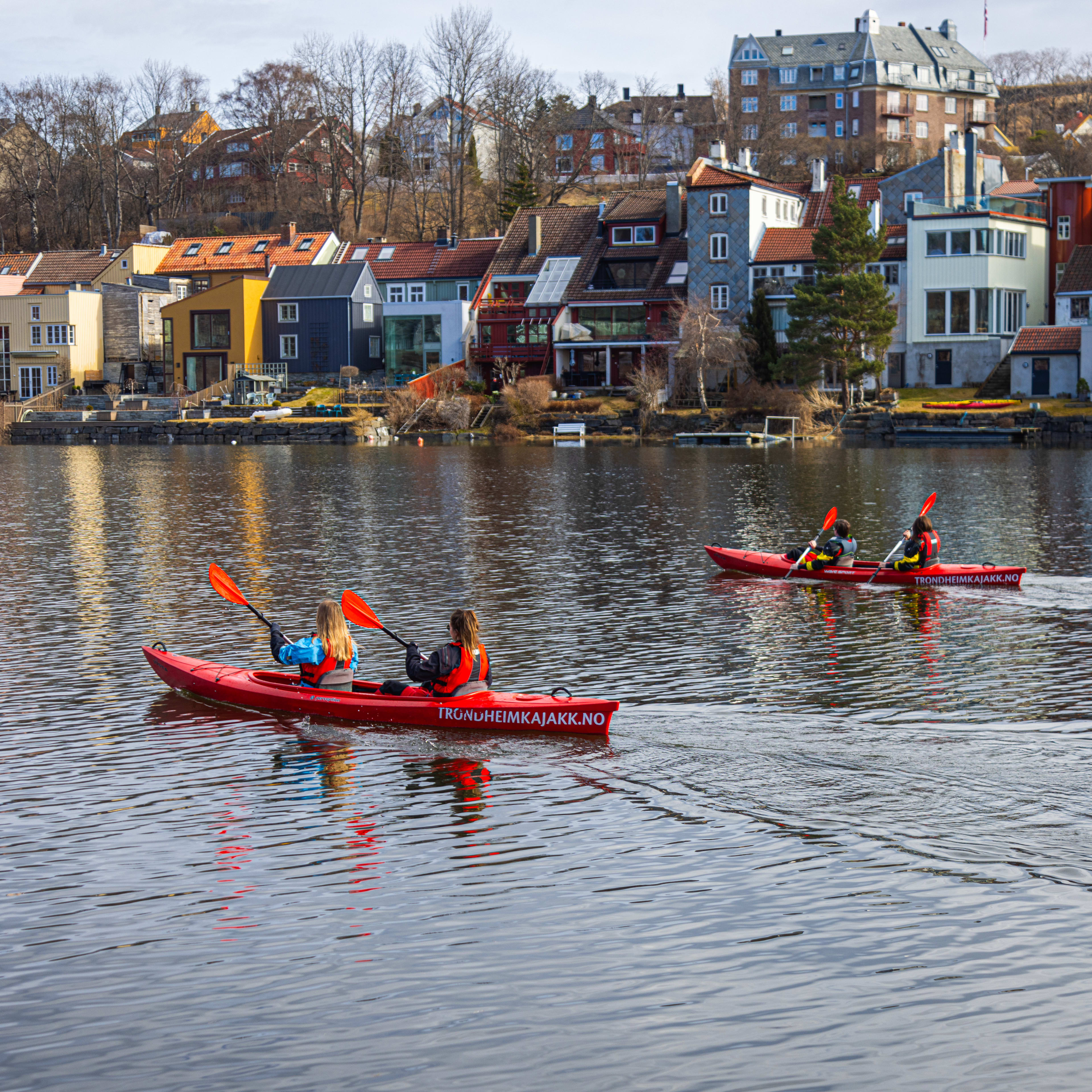 Geführte Kajaktour in Trondheim vorbei an farbenfrohen Ufergebäuden an sonnigem Sommertag - Kajakfahren in Norwegen