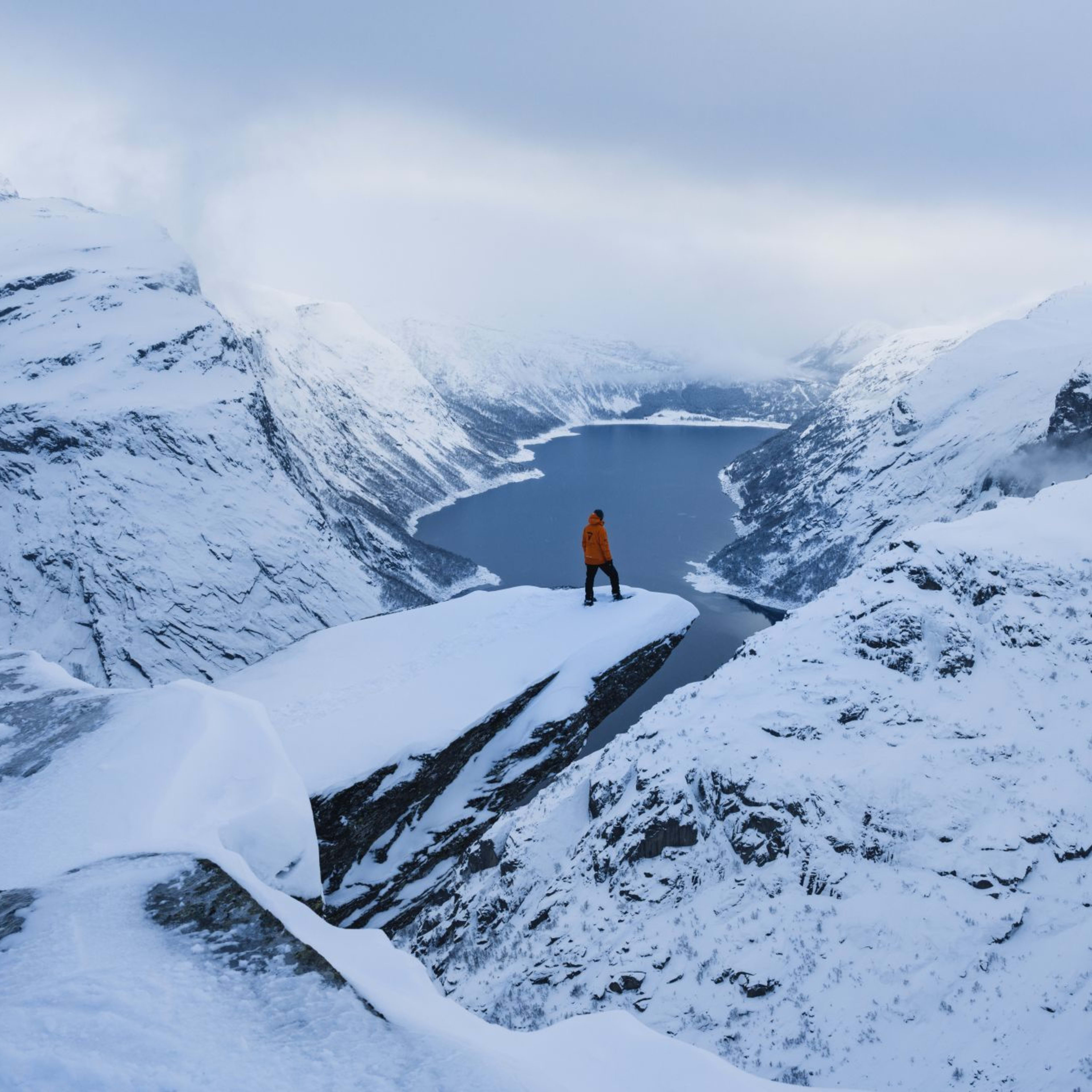 A person in an orange jacket stands alone on a cliff, looking over a fjord surrounded by snow-capped mountains.