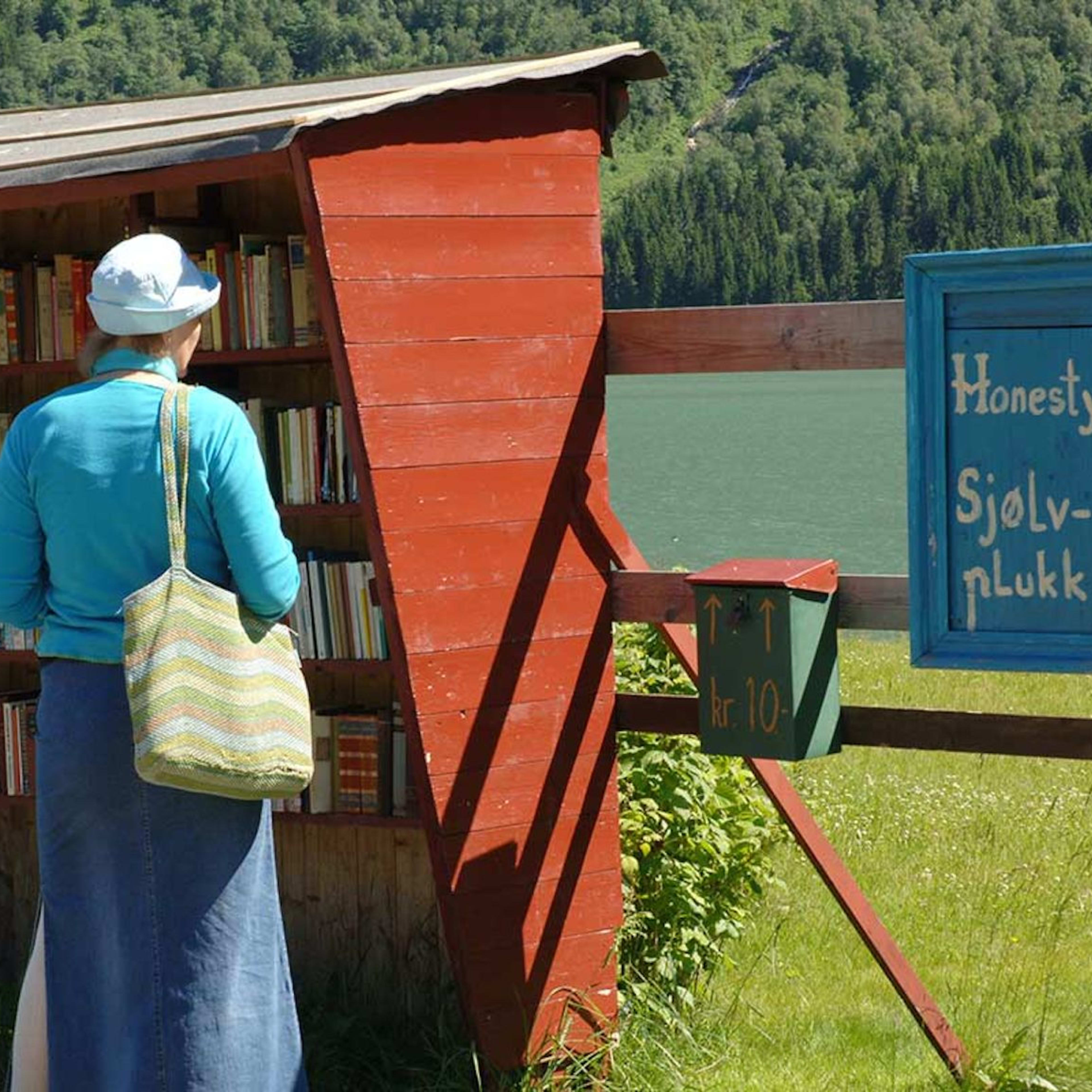 Kvinne ser på bokhylle ved vann, selvbetjent bibliotek.