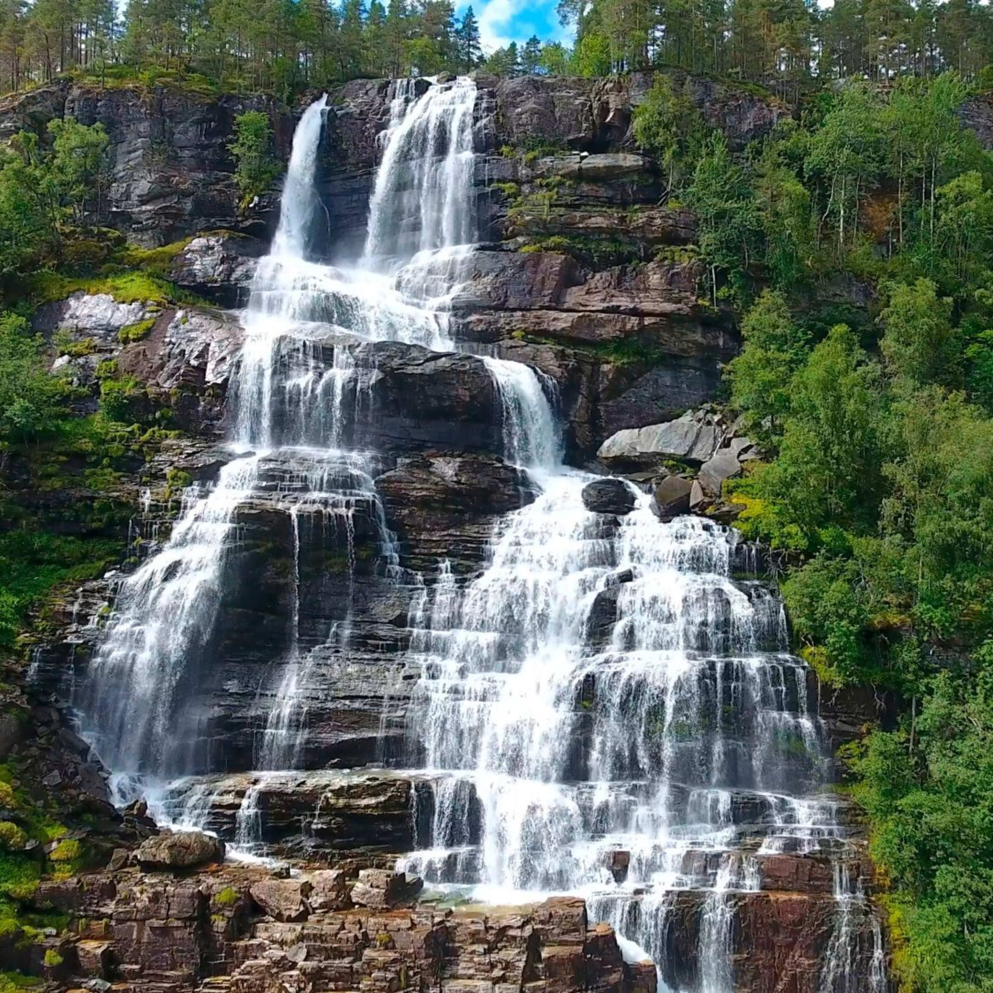 Tall waterfall cascades down cliff amid green forest and mossy rocks.