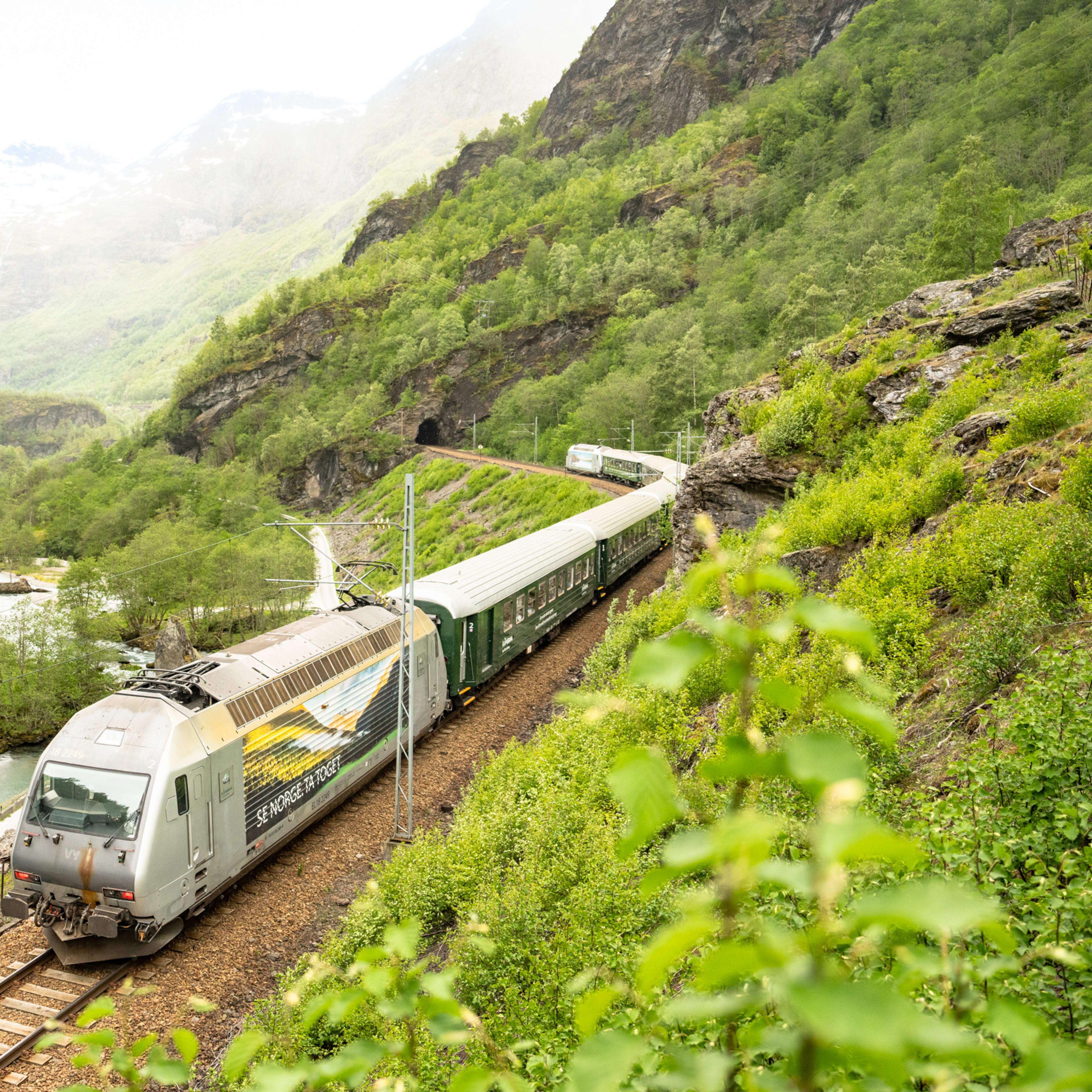 Flåmsbana-tog kjører gjennom UNESCO verdensarvlandskap med daler, fjell og tunneler