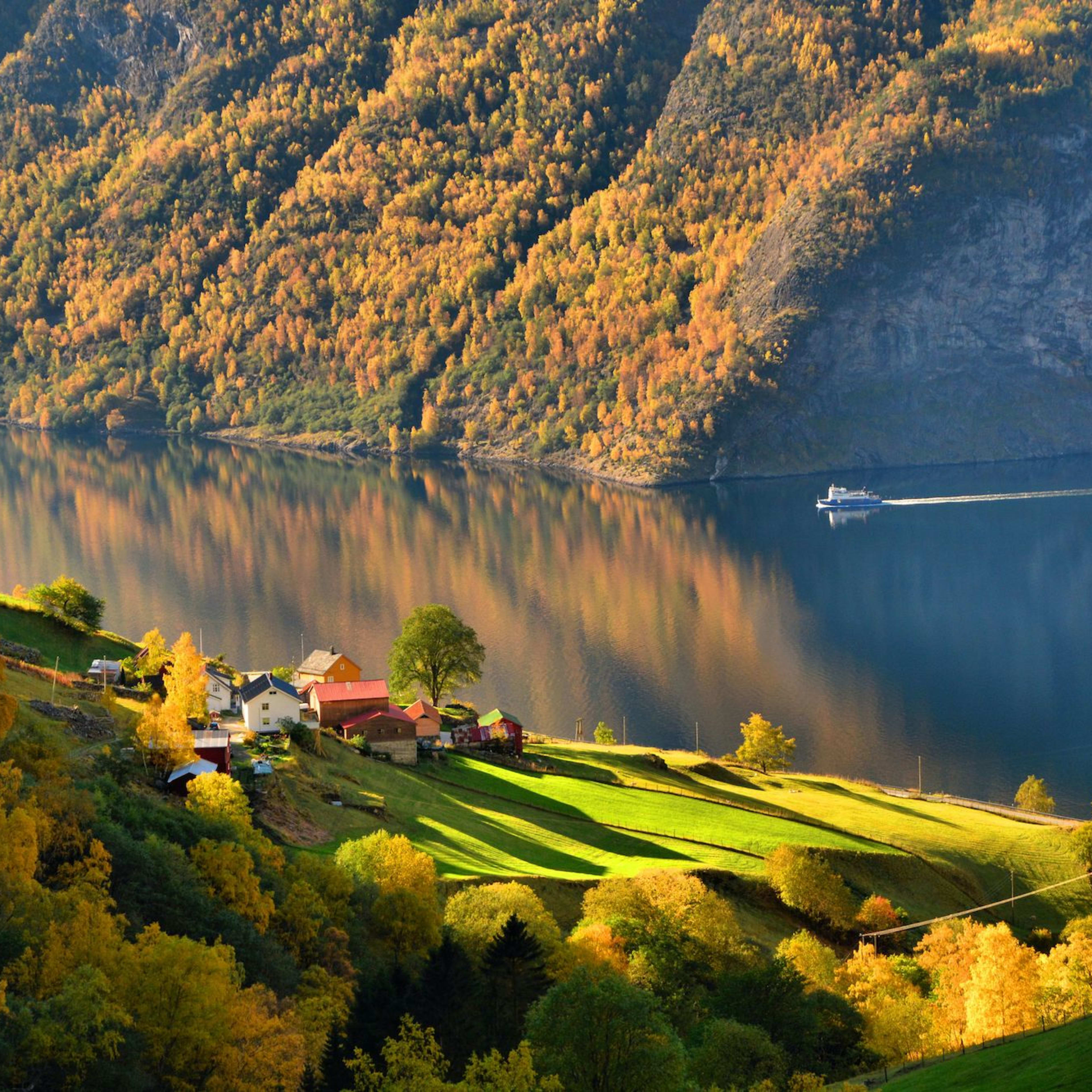 Panoramablick über den Aurlandsfjord, Herbstbäume und ein Boot auf stillem Wasser.