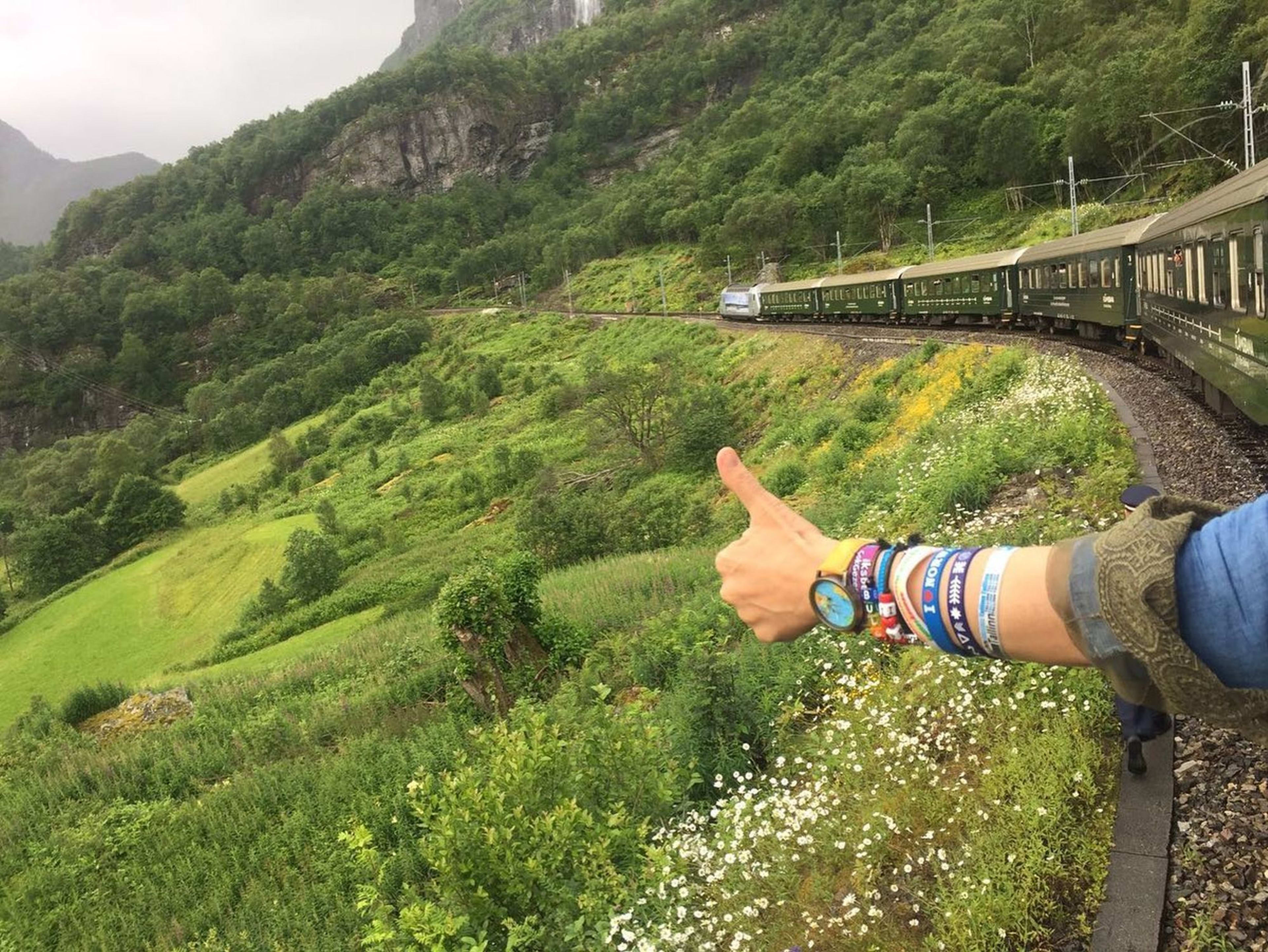 Hand giving thumbs-up from The Flåm Railway window, wearing wristbands, traveling through vibrant hills, wildflowers, and misty cliffs.