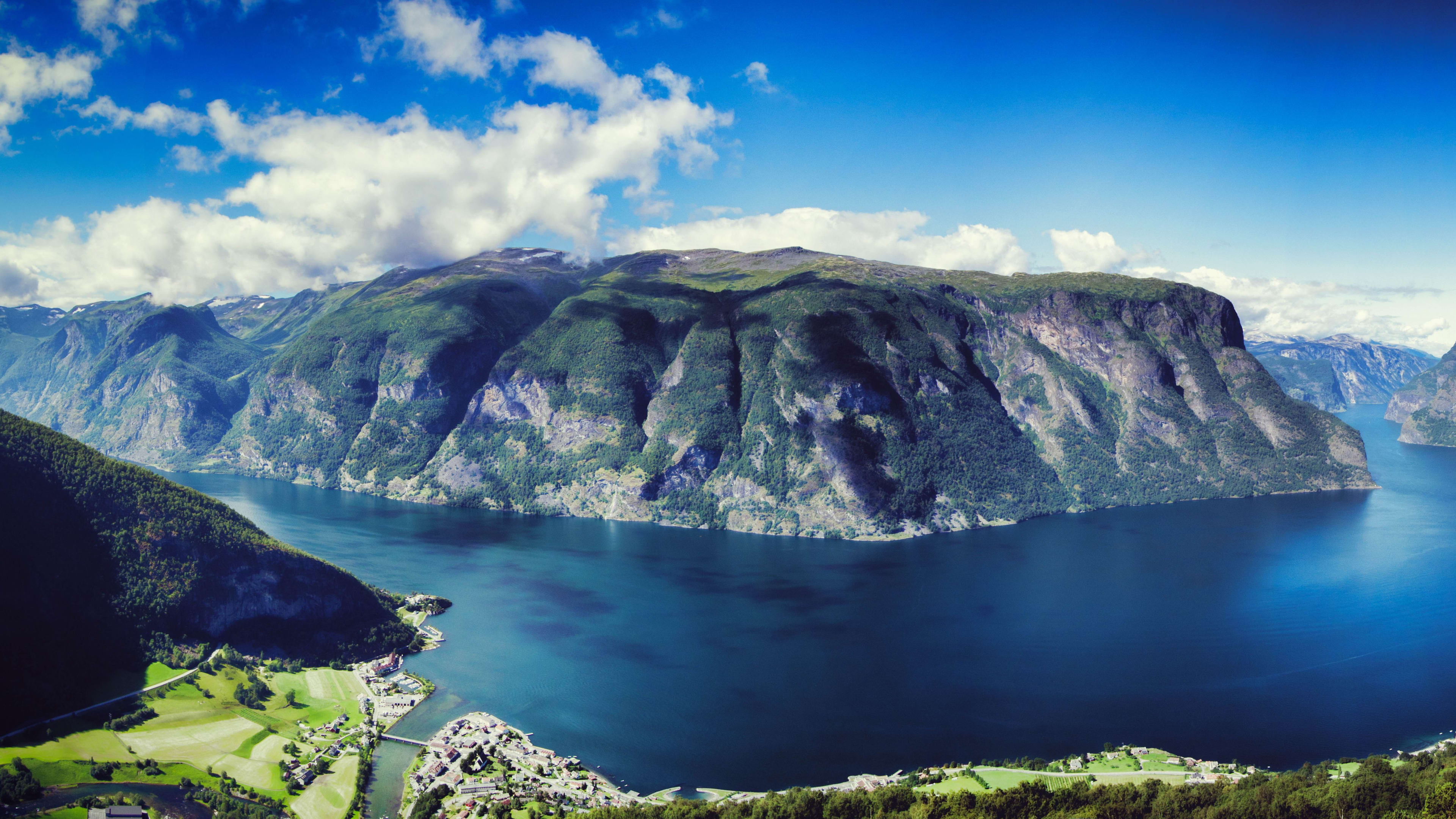 Aurlandsfjorden - Panoramic view of the fjord and the fjord village of Aurland