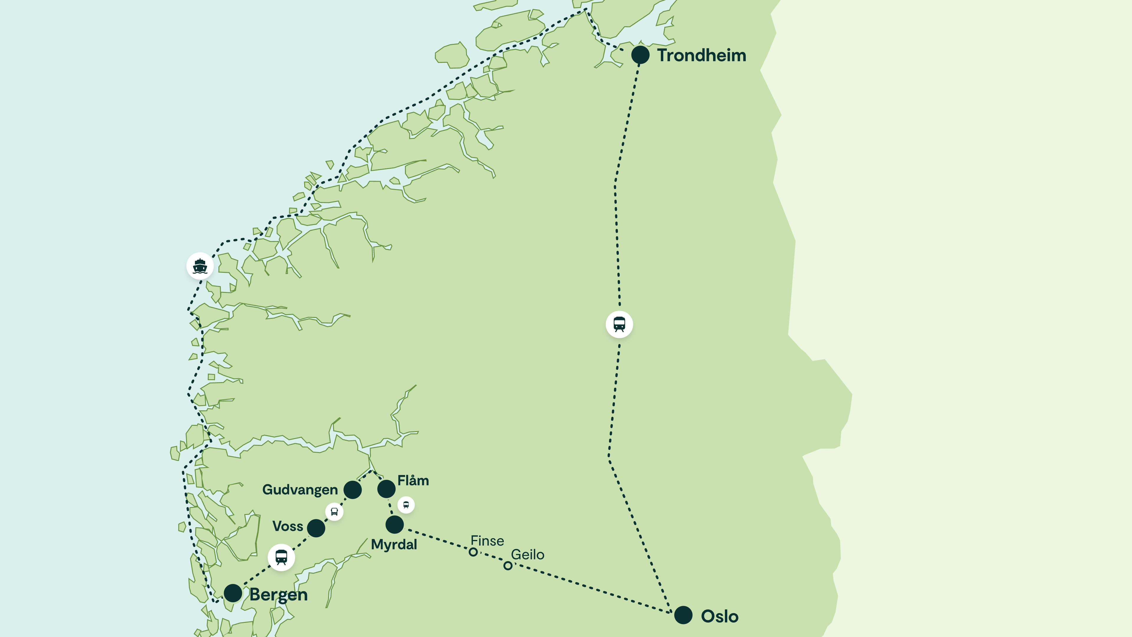 Kart over alle rutene på  Norge i et Nøtteskall & Kystruten