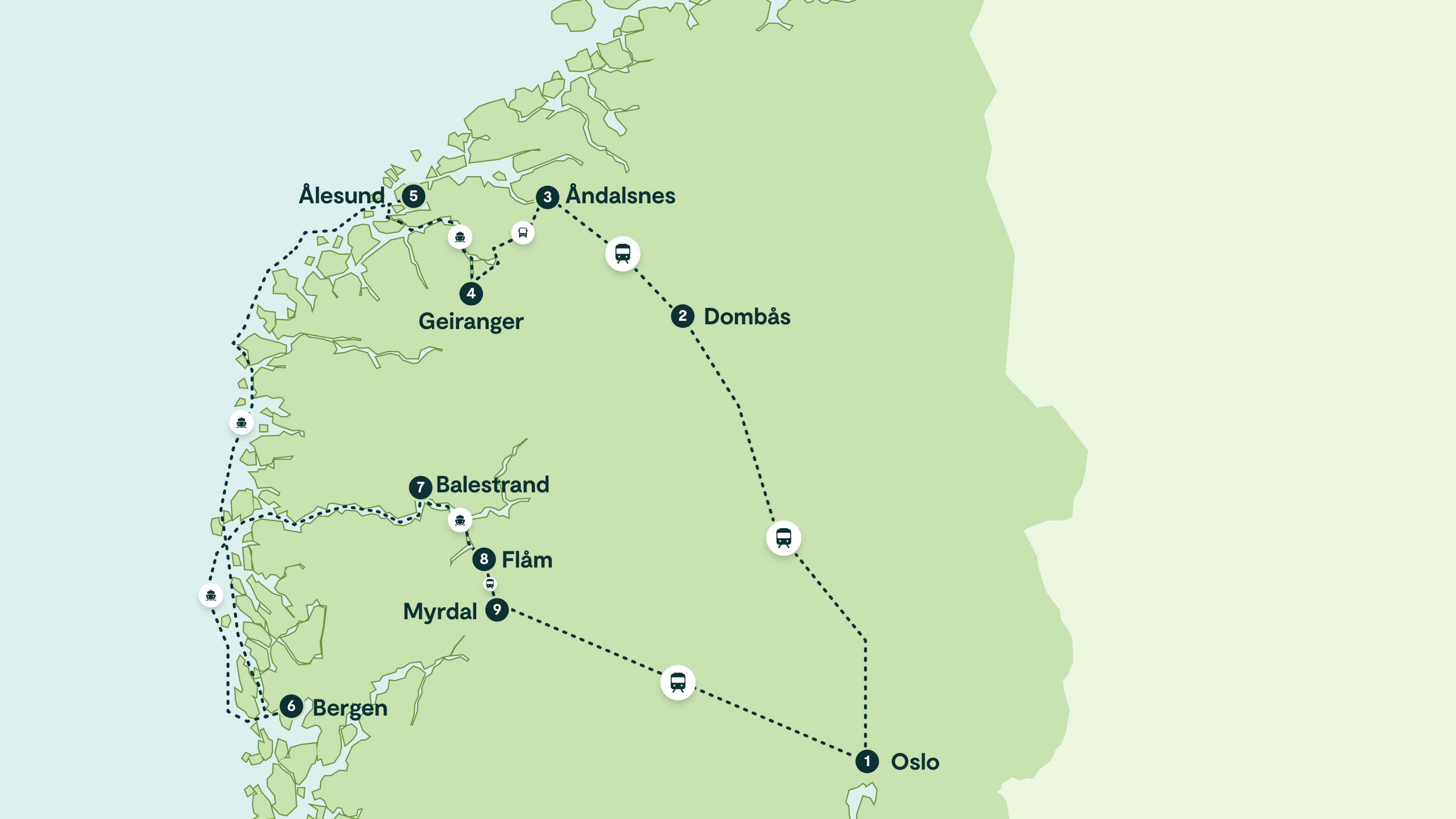 Illustrert rutekart over den 8-dagers turen Norges storslåtte fjorder fra Oslo til fjordene
