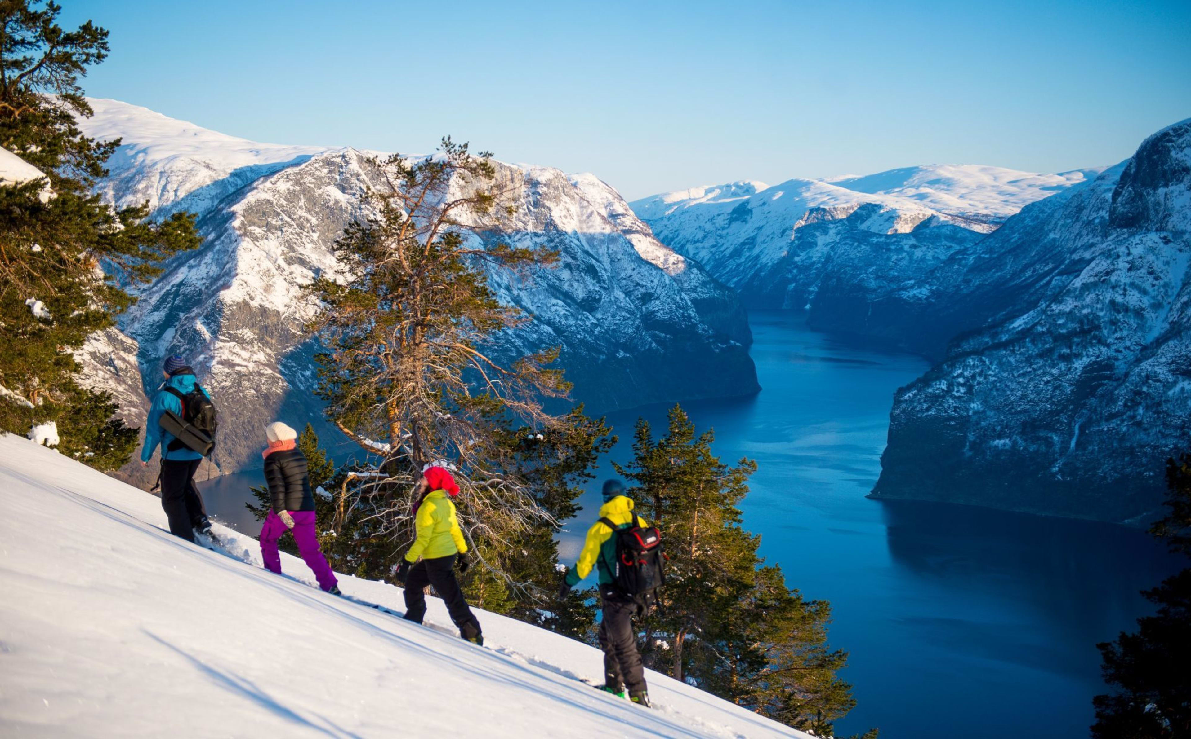 Winterwanderer steigen mit Fjordaussicht.