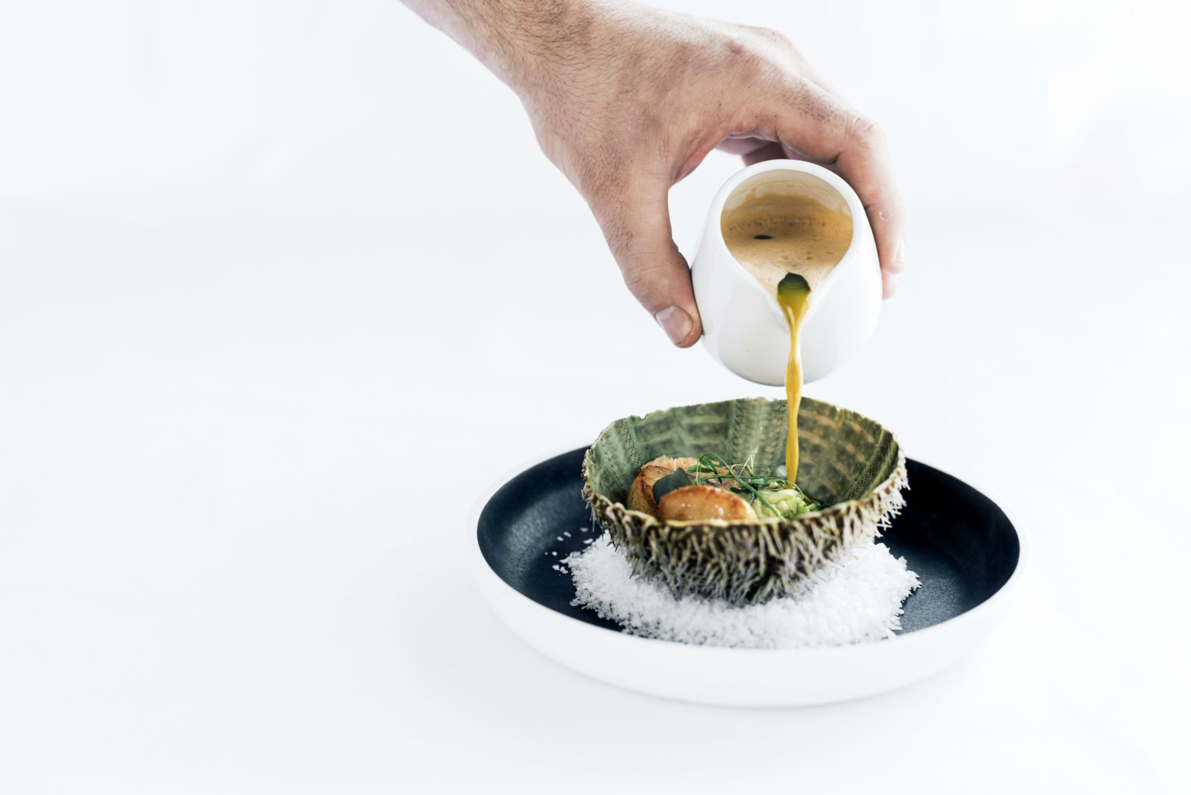 Eksklusiv sjømatrett servert i kråkebolle med gyllen kraft som elegant helles ved bordet.