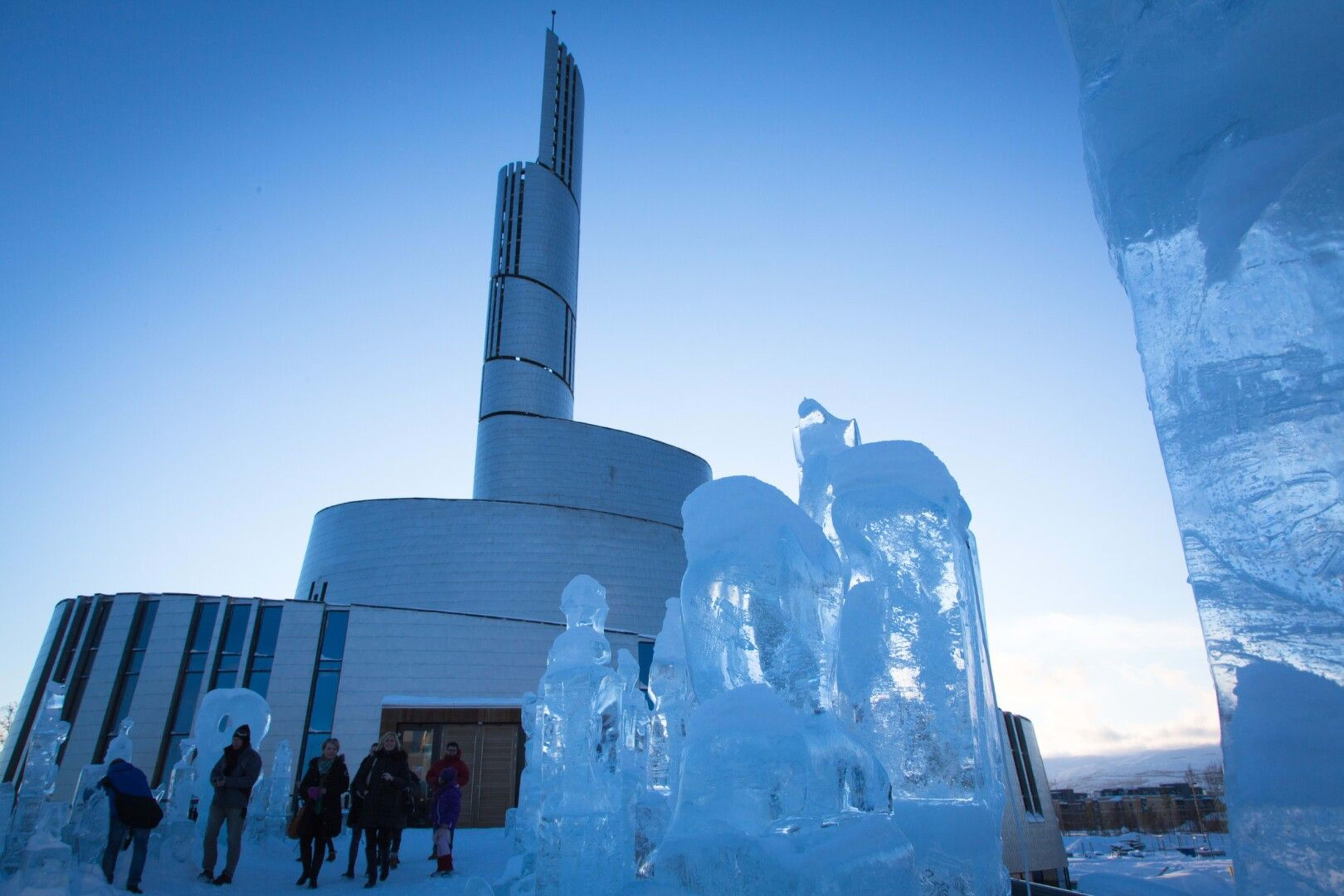 The ice sculptures outside Cathedral of The Northern Lights in Alta is a unique landmark in the arctic landscape.