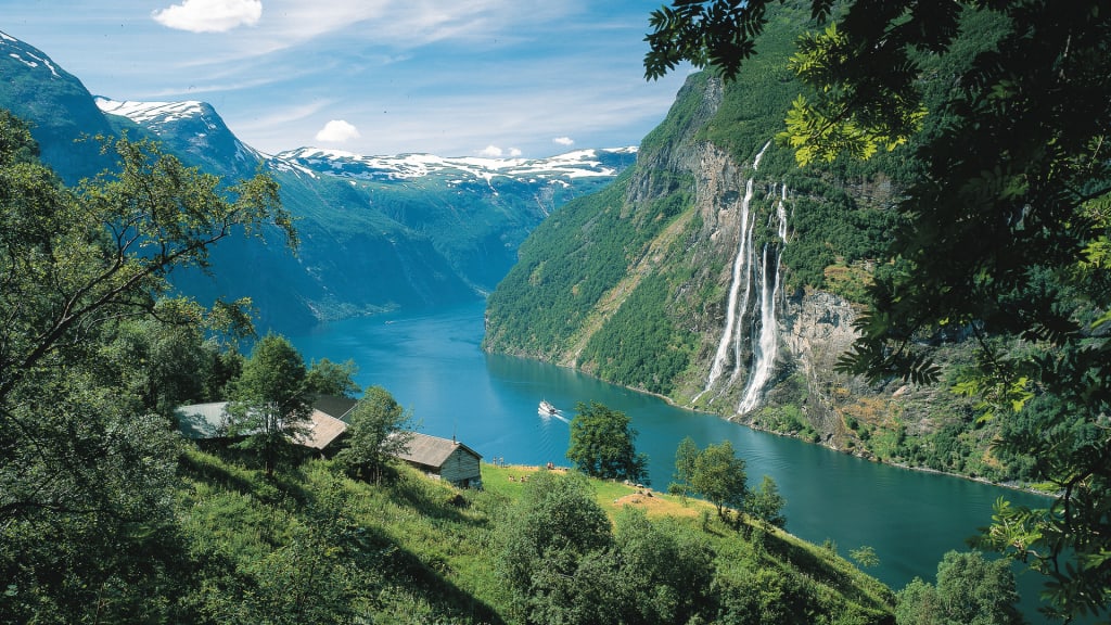 The stunning geirangerfjord seen from the mountain farm Skageflå