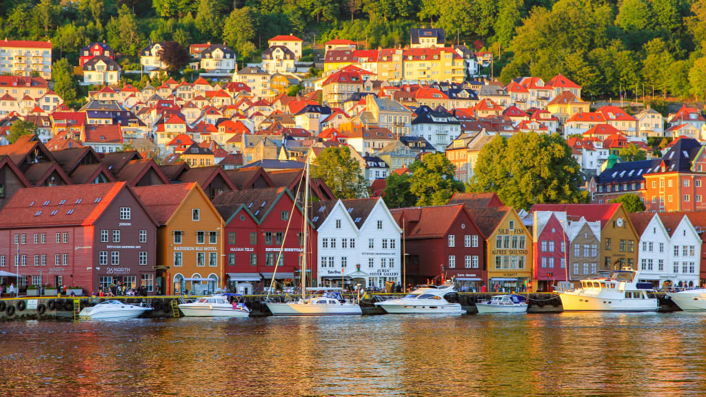 Colorful historic wooden buildings at Bryggen UNESCO World Heritage wharf in Bergen, Norway