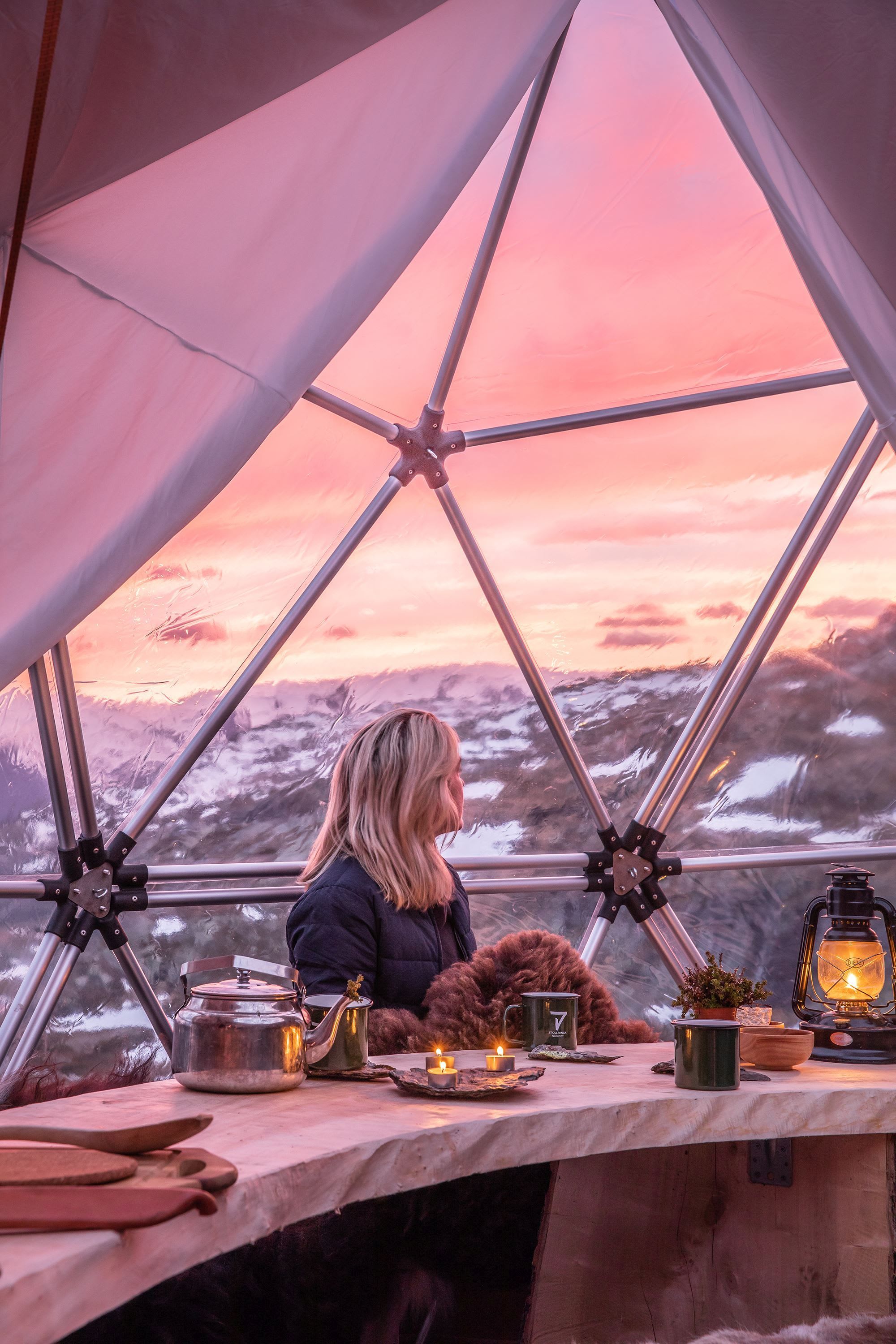 Sunset view from Trolltunga glamping dome - comfortable accommodation with panoramic fjord views
