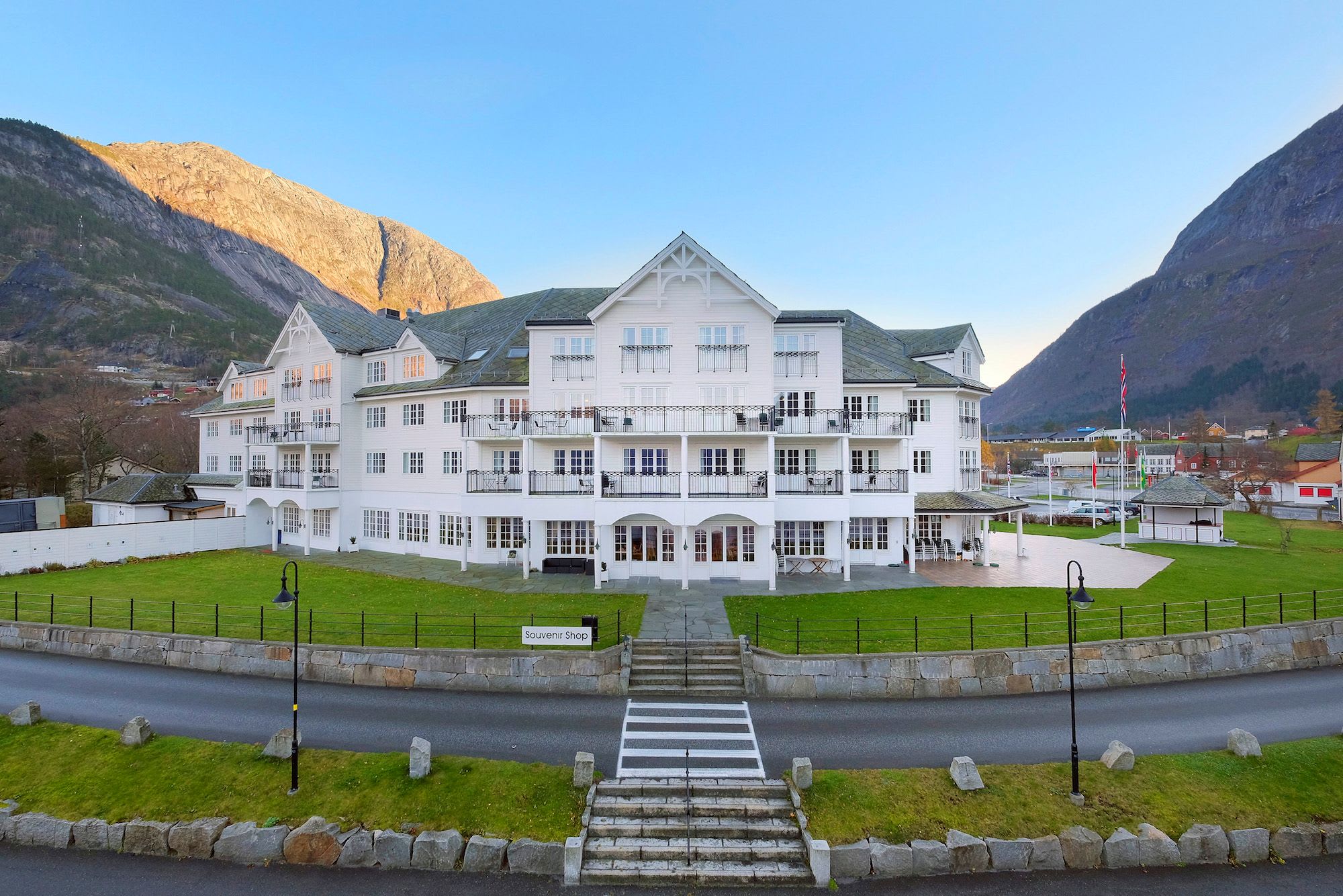 Vøringfoss Hotel in Eidfjord overlooks Hardangerfjord with dramatic Norwegian mountains