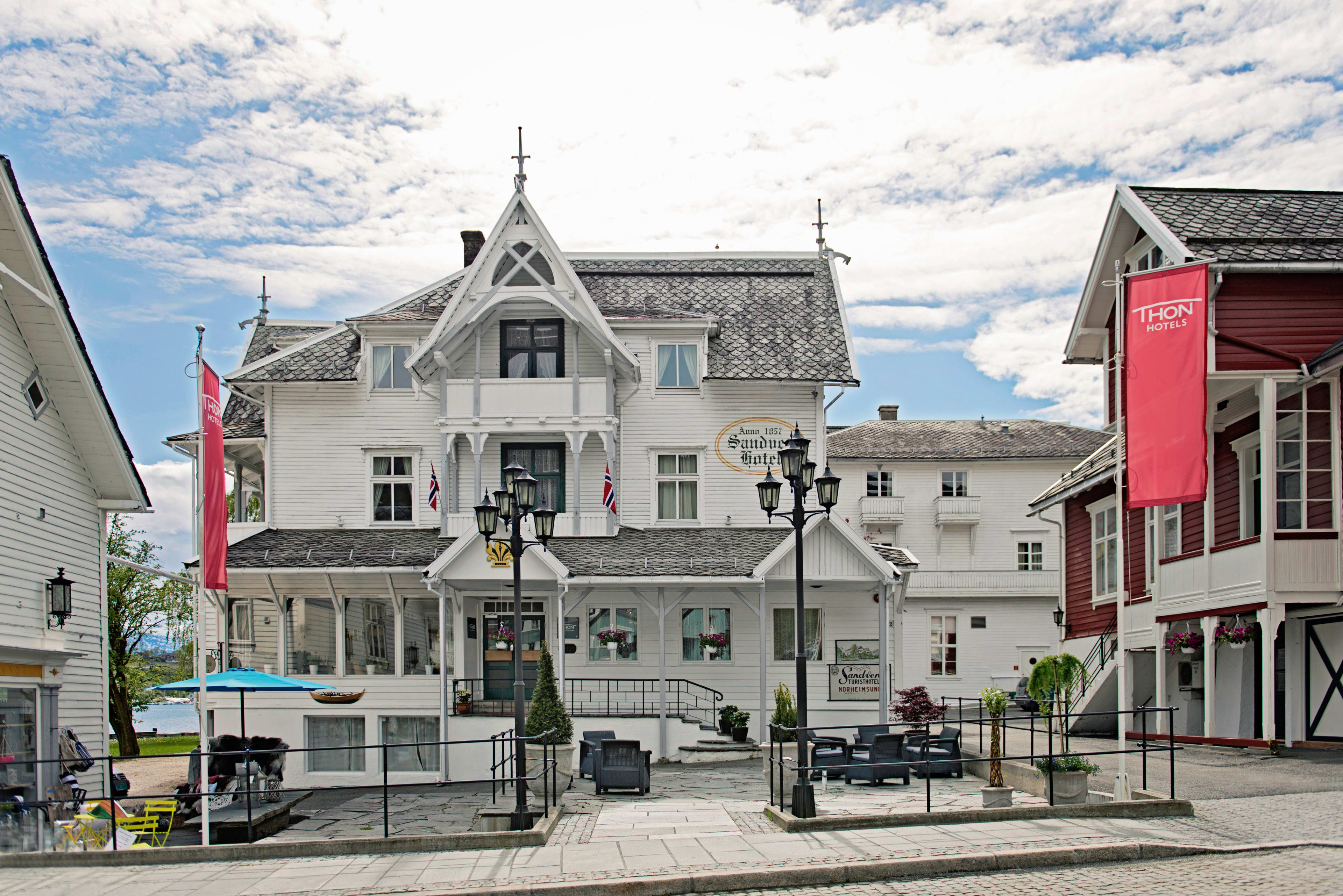 Centrally located Thon Hotel Sandven showcasing classic Norwegian hotel architecture in scenic Norheimsund