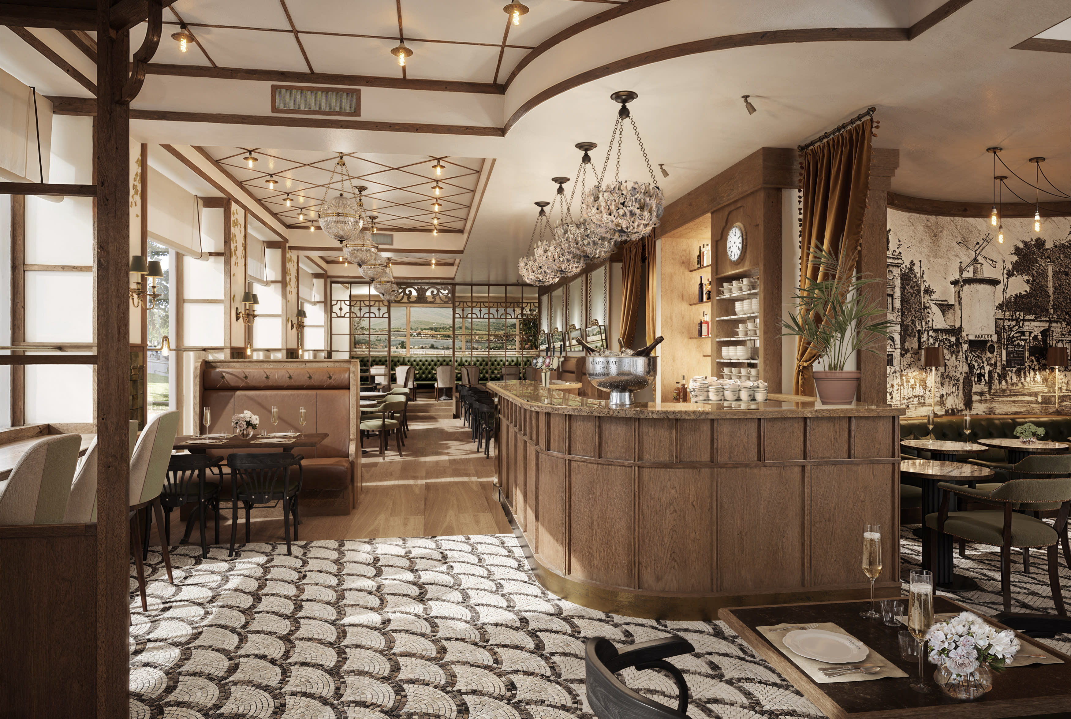 Savoy 1918 Oslo – cozy hotel café with beige and white interiors, chandeliers, stylish furniture, and a pastry and drinks bar.