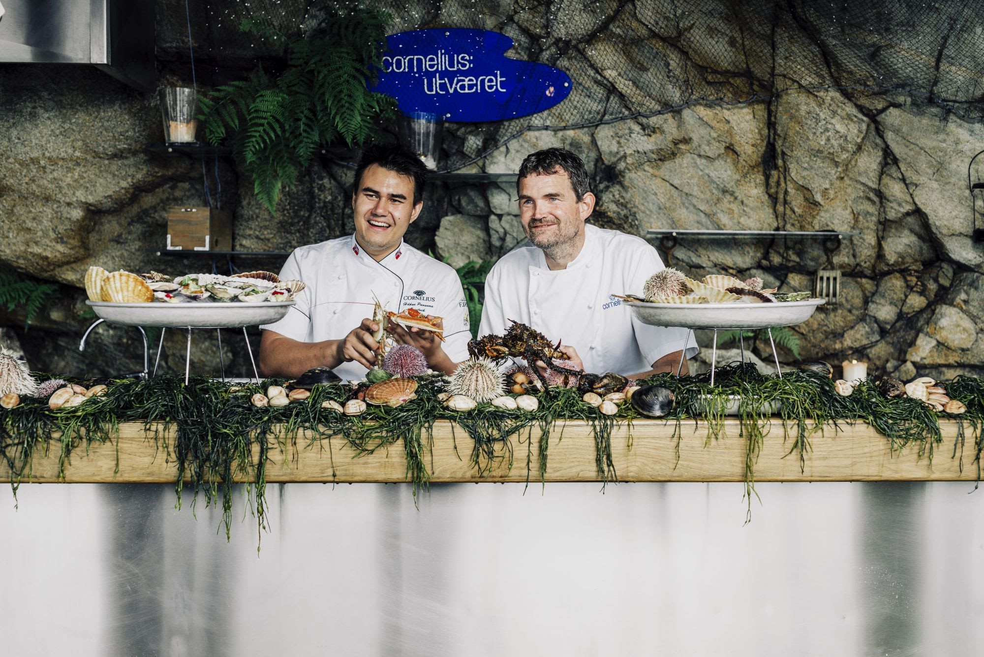 Smiling chefs preparing seafood dishes behind rustic counter; elegant platters, shells, and sea urchins displayed.