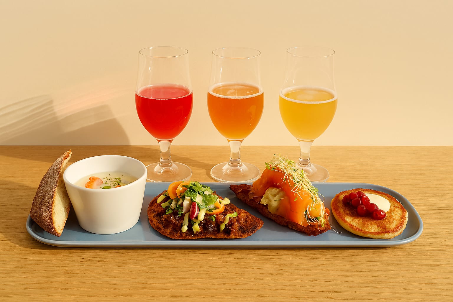 Ulriken lunsj tallerken med fiskesuppe, biff-taco, røkt laks, svele, brød og lokal cider.