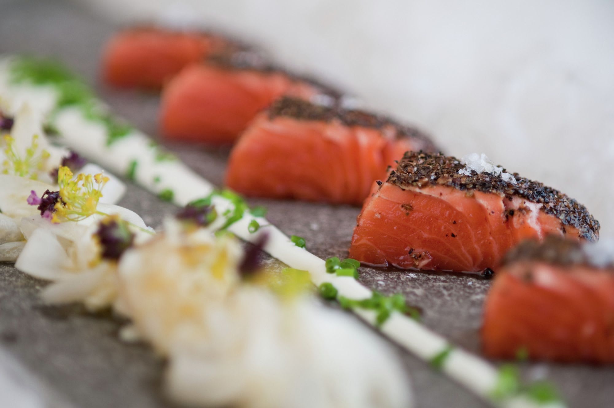 En elegant presentasjon av spekesalami med pepperkors, kremet saus og friske urter på en steintallerken.