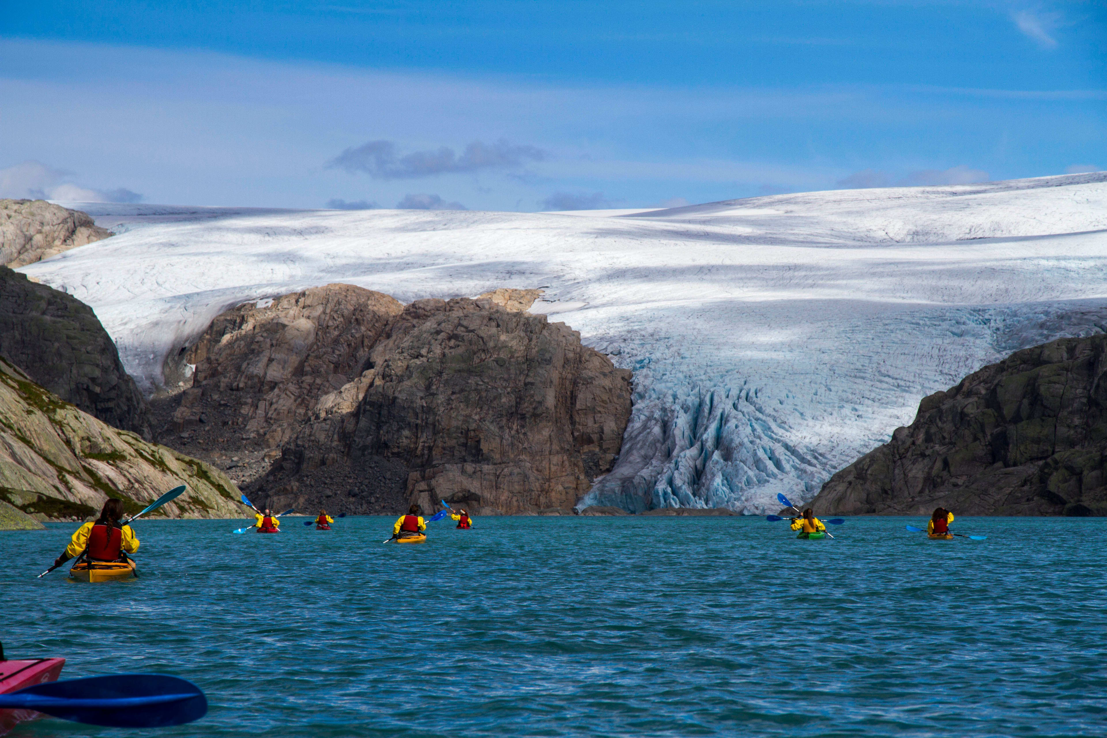 Kayaking on the water by the Folgefonna glacier is truly an adventure