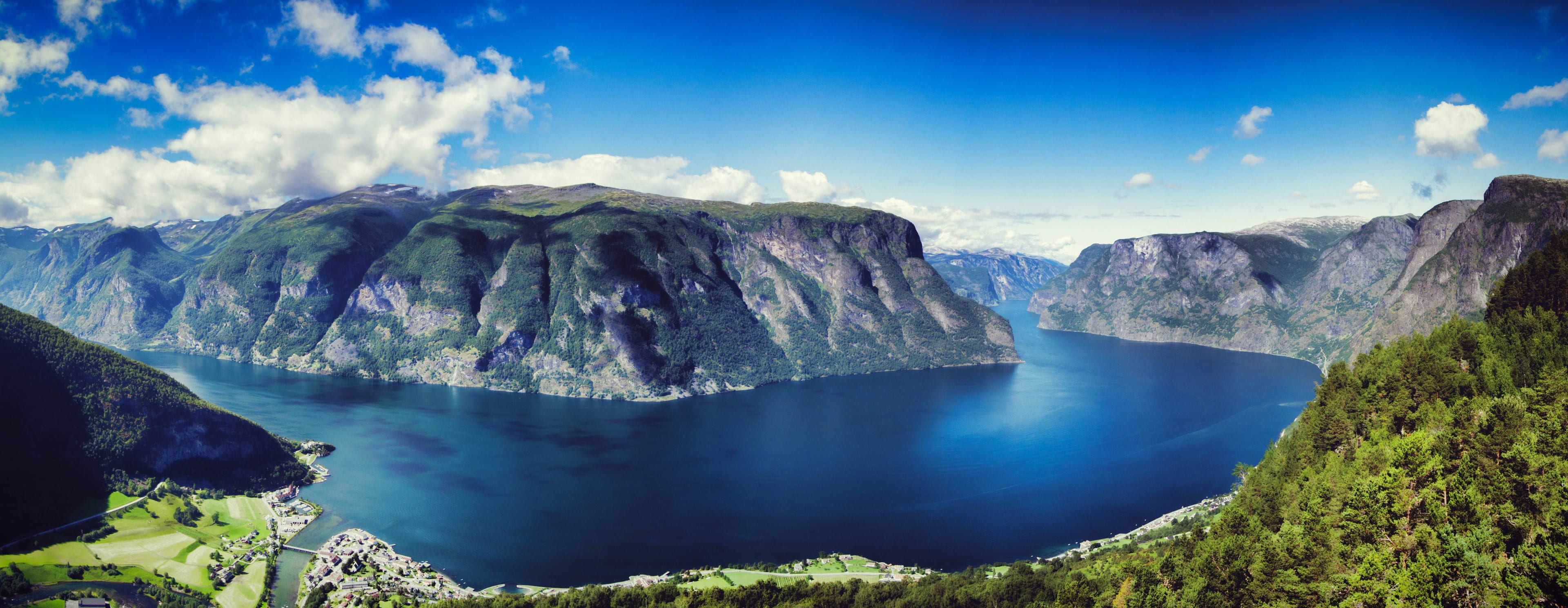 Aurlandsfjorden - Panoramic view of the fjord and the fjord village of Aurland