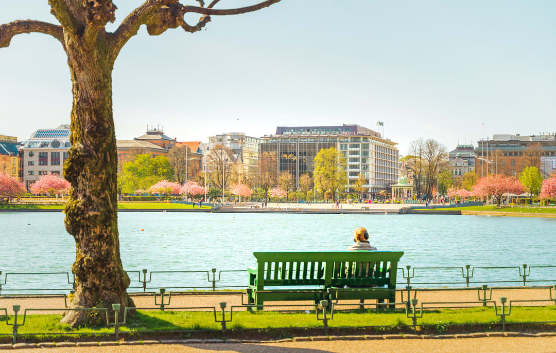 A person sitting on a bench by a pond in Bergen, surrounded by green landscape and calm water.