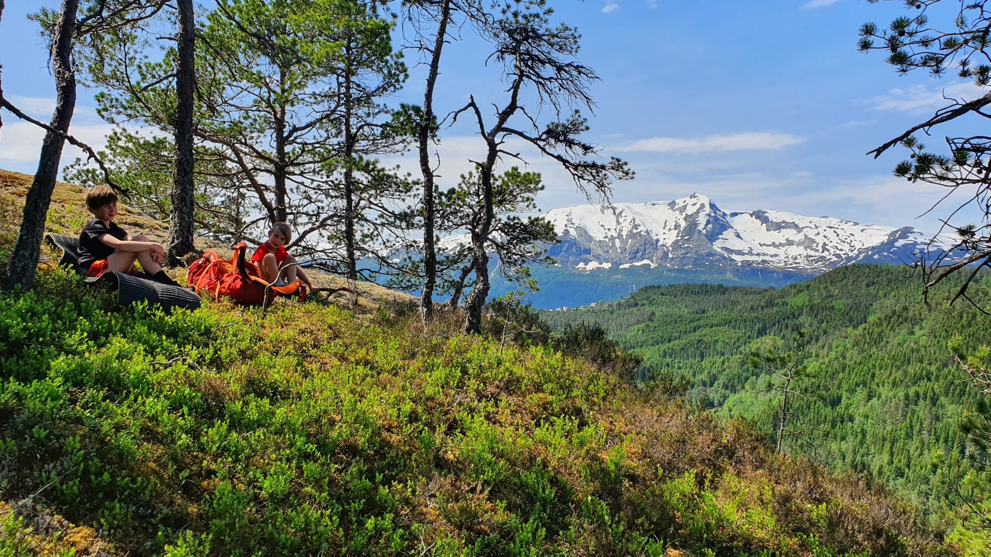 Young hikers resting on grassy slope, sitting on hiking mats next to backpacks, with snow-capped mountains in the background.