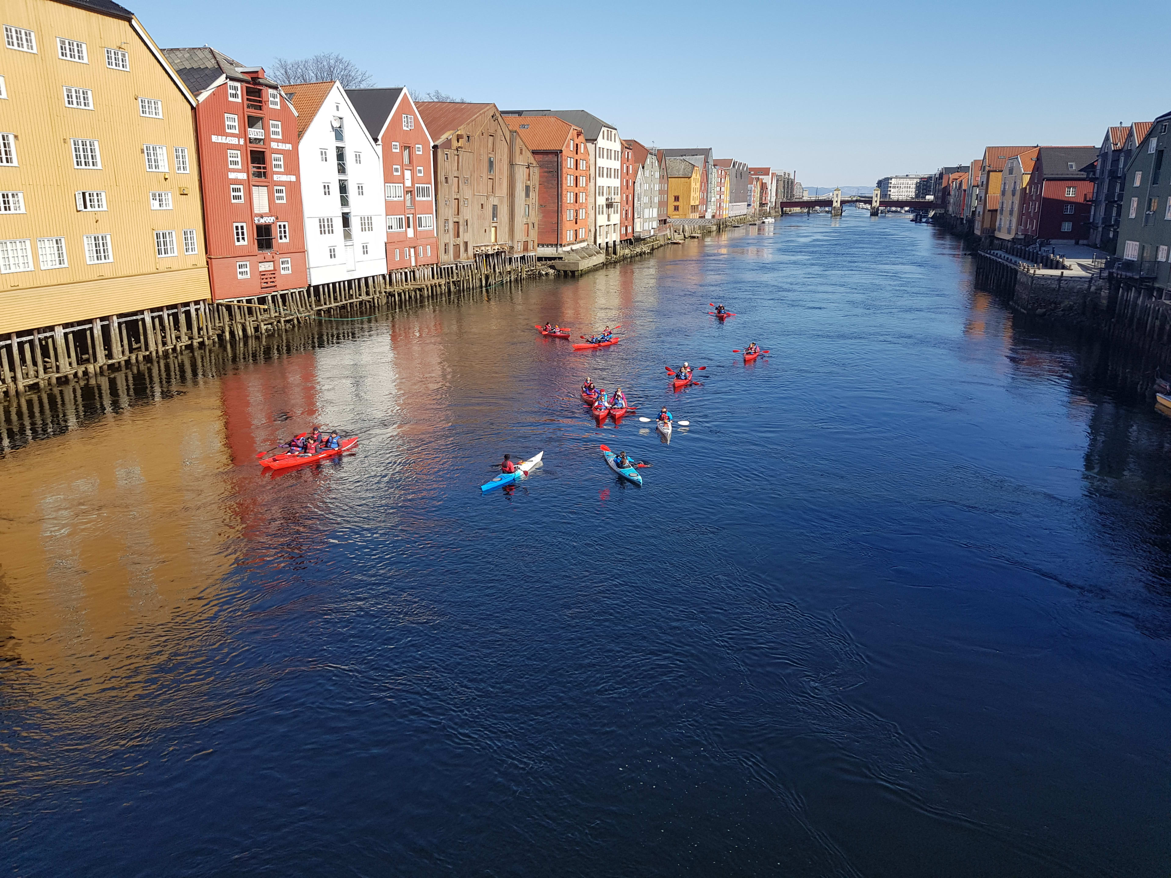 Geführte Kajaktour vorbei an bunten Hafengebäuden im Stadtzentrum Trondheim Norwegen