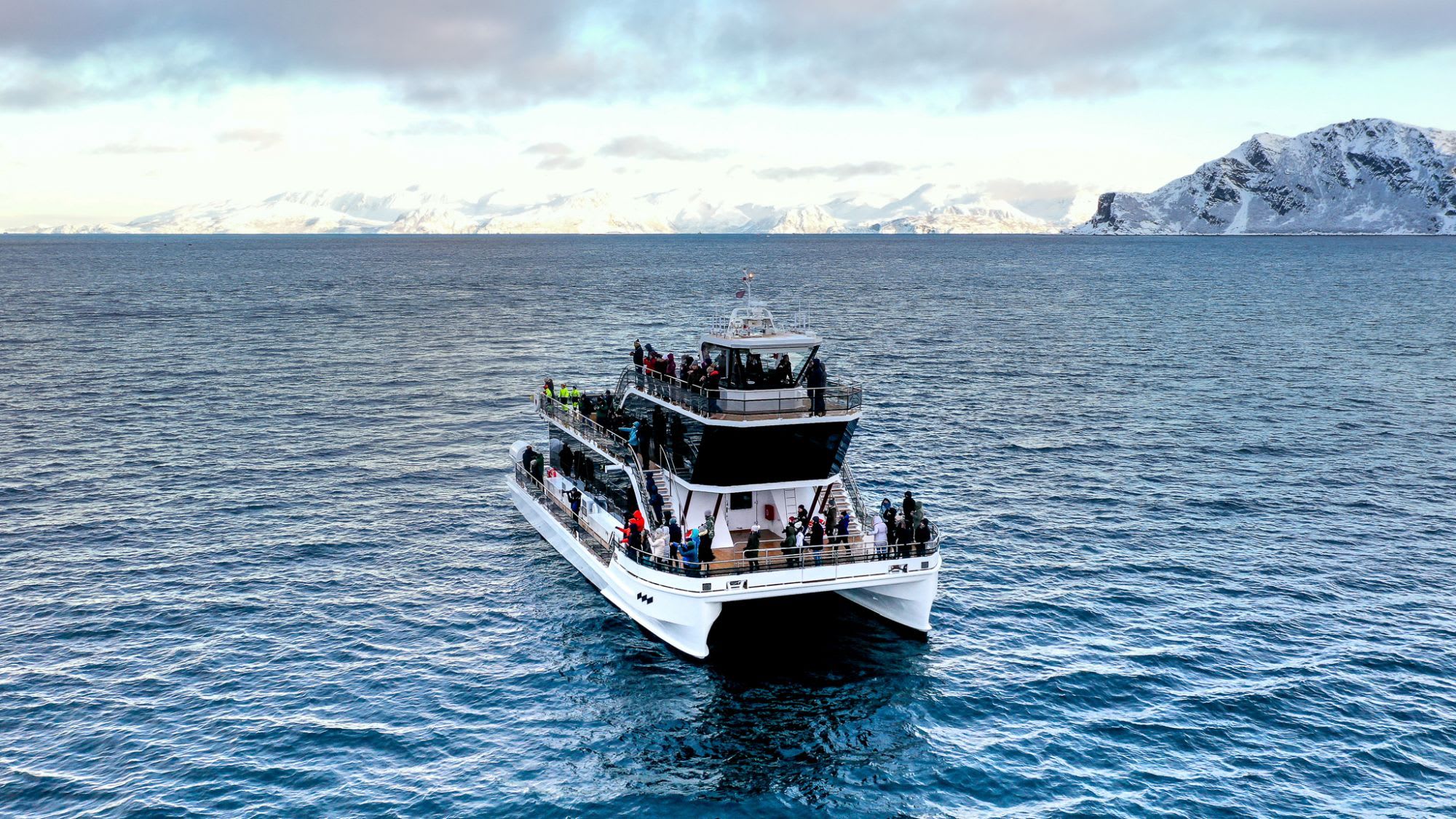 Large catamaran with passengers sails past snowy peaks in cold waters.