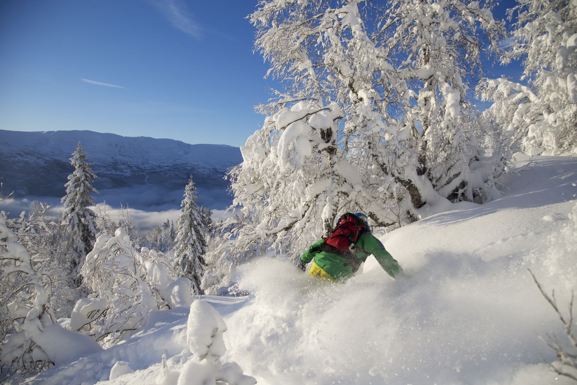 A skier in a green jacket with a red backpack carving through deep powdery snow on a mountain slope.