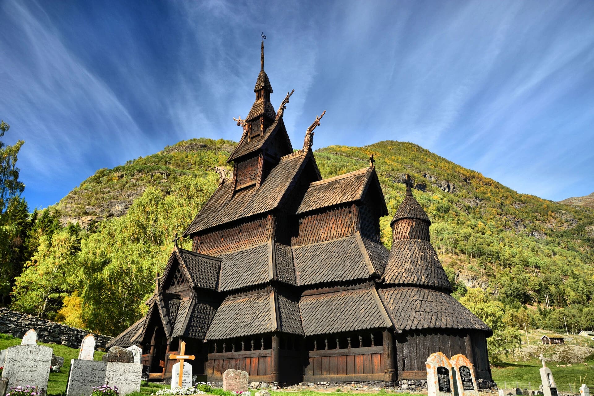 Historic Borgund Stave Church complex with traditional Norwegian buildings