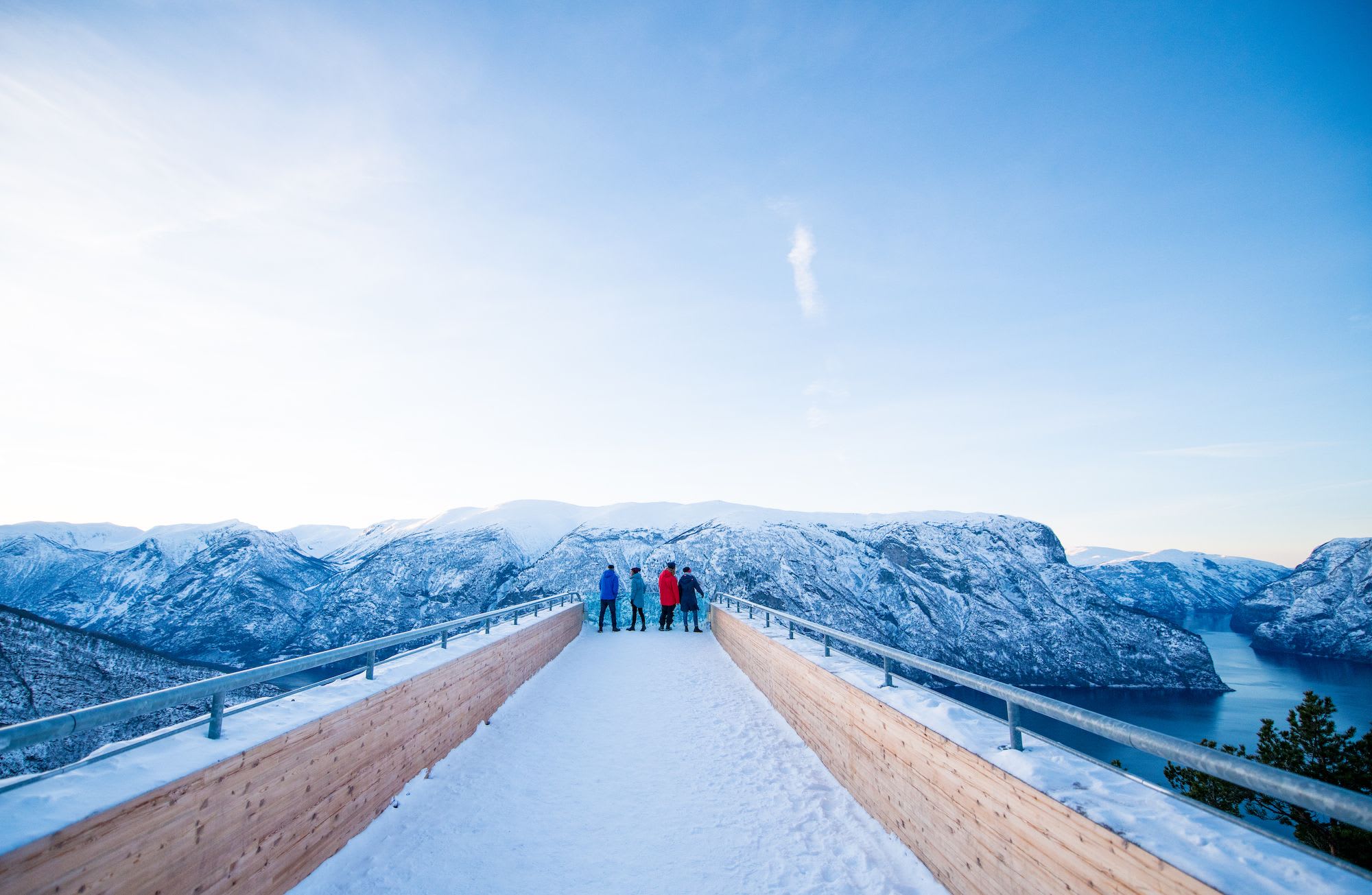 People on snowy platform overlook fjord and snowy peaks under clear sky.