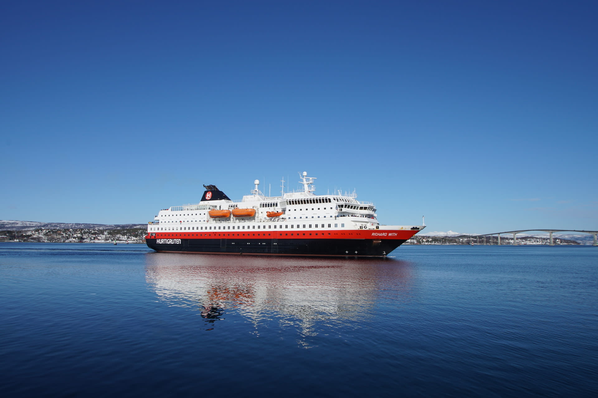 Hurtigruten coastal cruise ship MS Richard With sailing through scenic Norwegian coastal landscape from Trondheim to Bergen