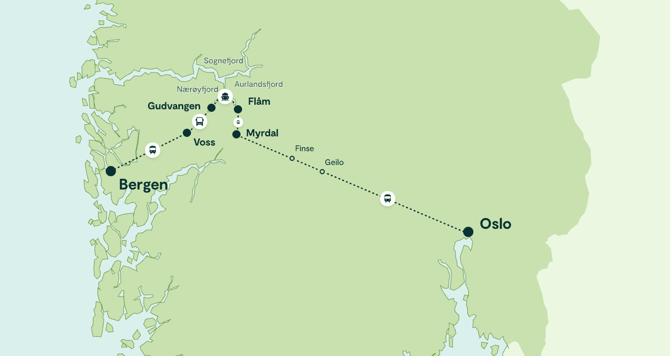 Kart over NOrge i et Nøtteskall - alle ruter