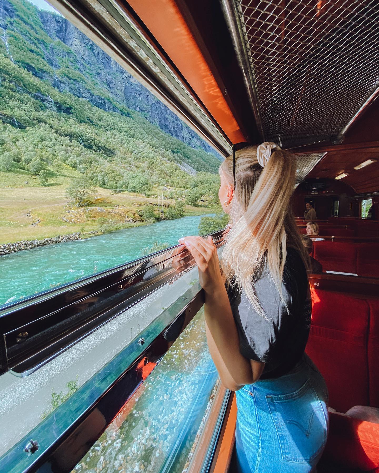 Frau sieht aus dem Zugfenster auf Flusslandschaft.