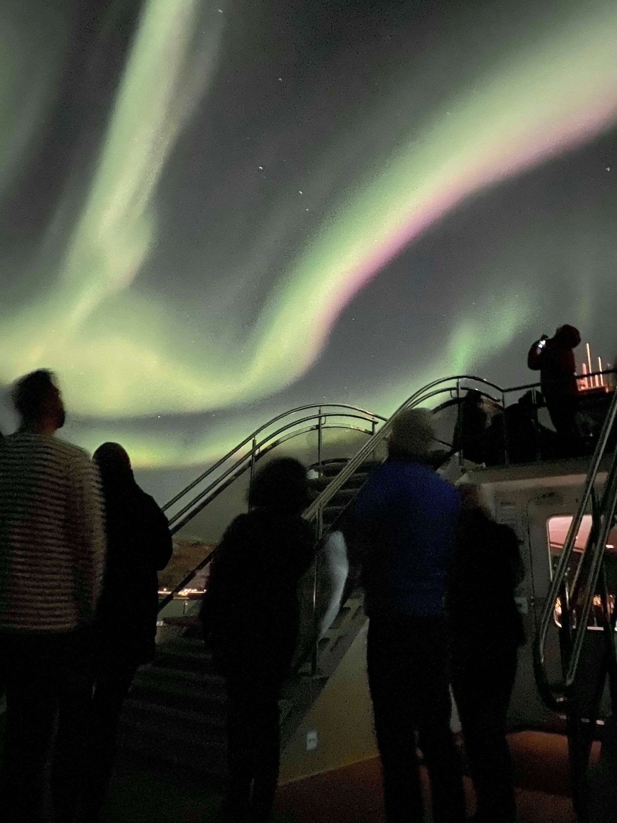 Silhuetter på dekk ser på grønt og rosa nordlys.