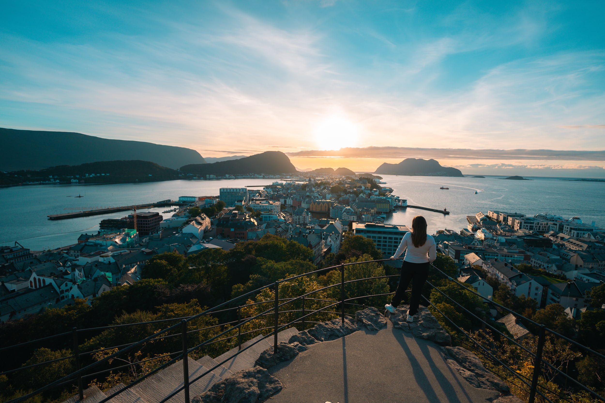 Sunset panorama view of Ålesund from Aksla viewpoint with Art Nouveau buildings and fjord