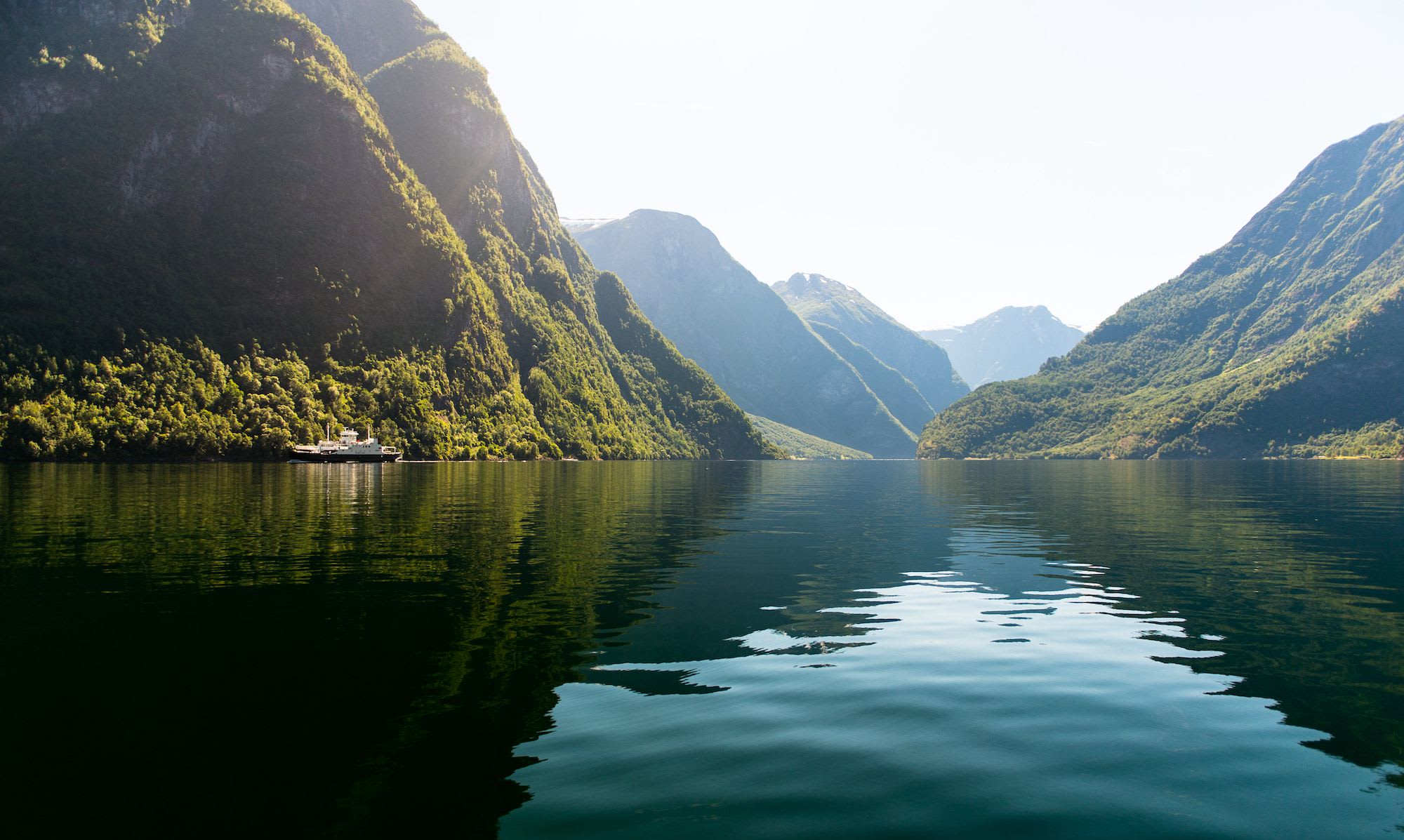 Ferry sails across sunlit fjord with green cliffs.