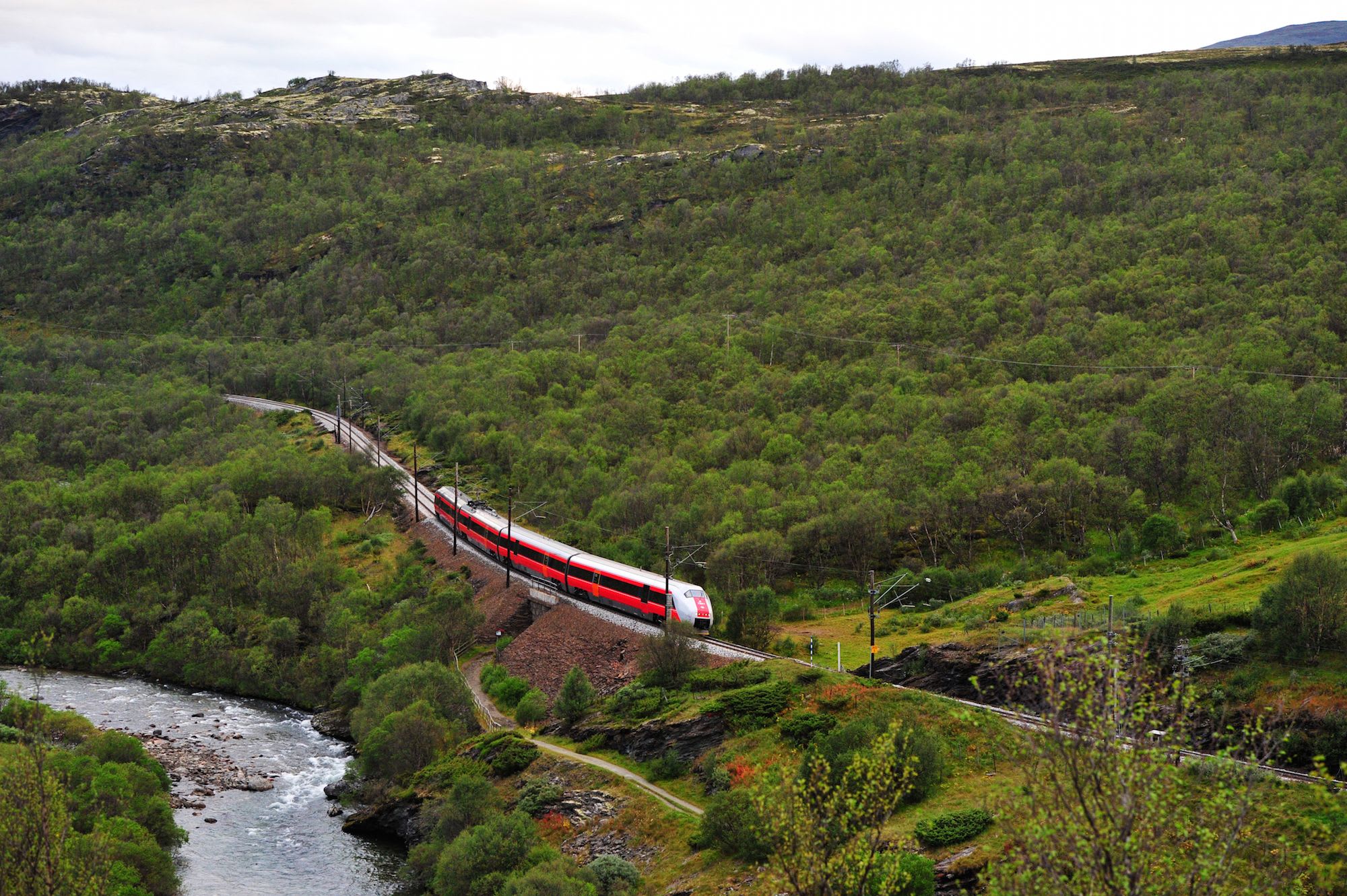 A red and white train travels along tracks through green hills and forests, crossing a bridge over a river.