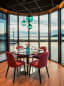 Thon Hotel Ålesund restaurant table with stunning sea view, colorful chairs and modern ceiling lamps