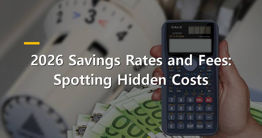 Magnifying glass over documents showing savings rates and fees