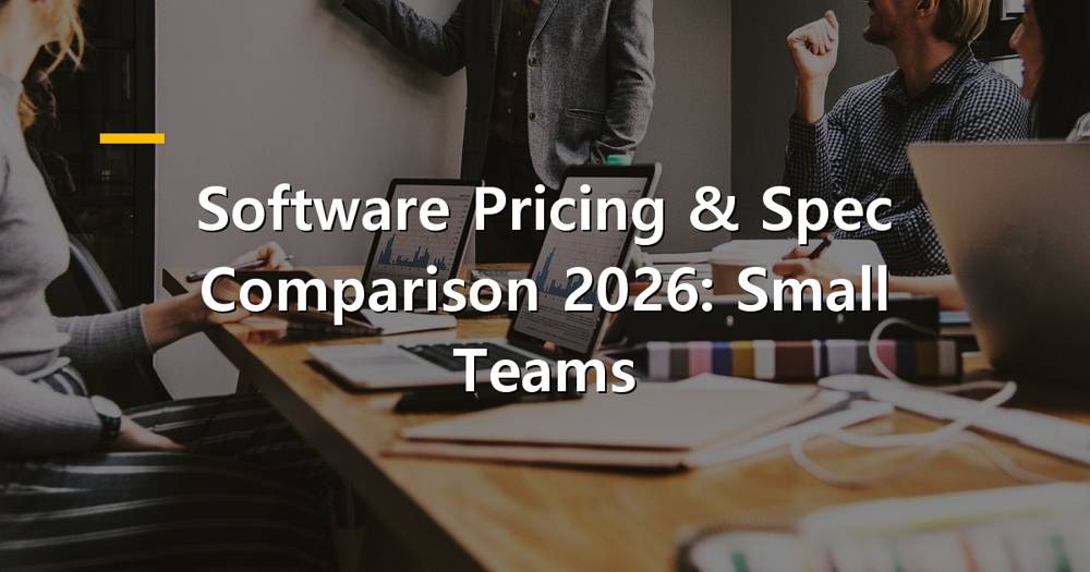 A team collaborating on a laptop, illustrating software pricing and spec comparison for small teams.